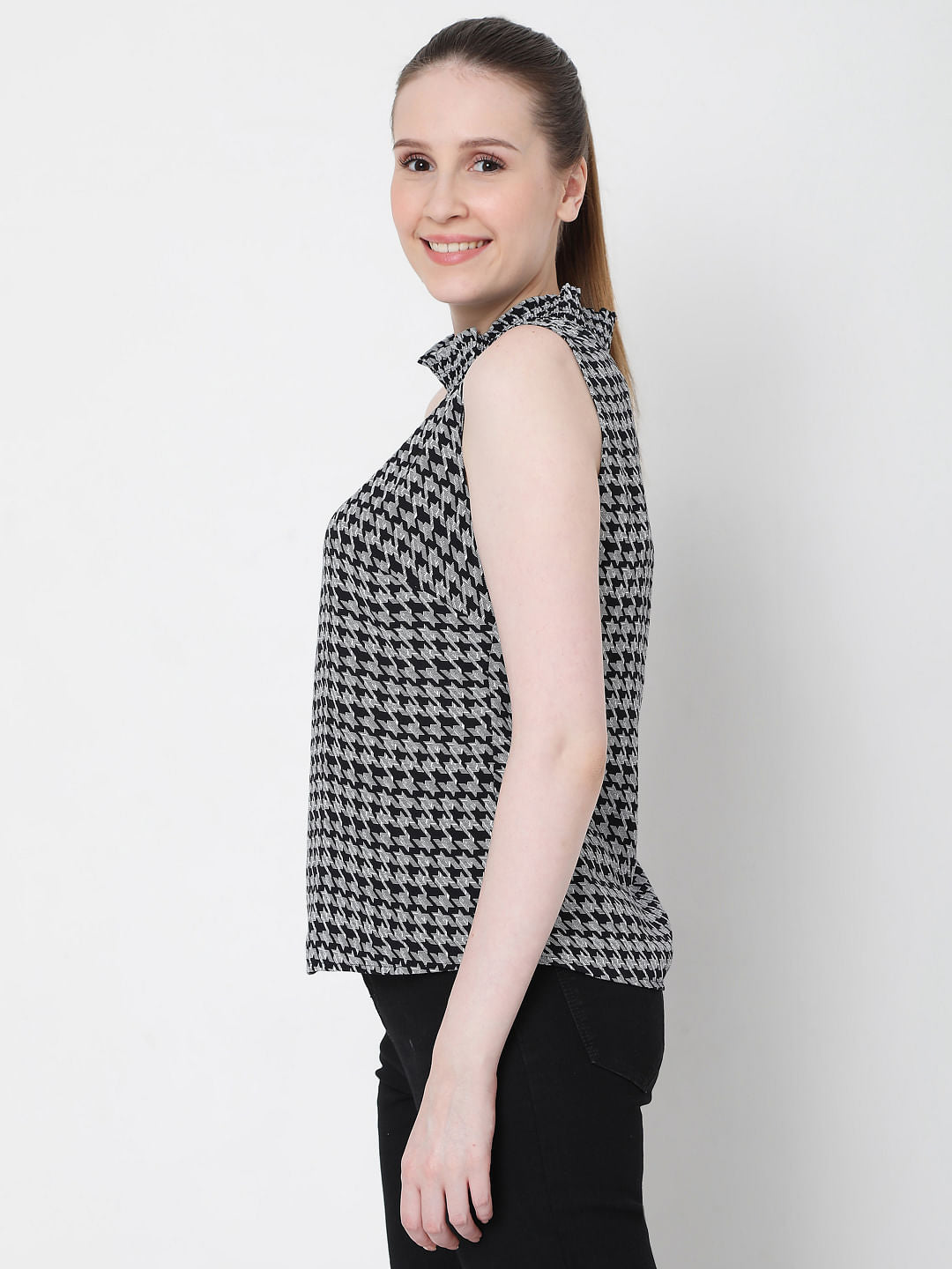 Grey Houndstooth Print Top