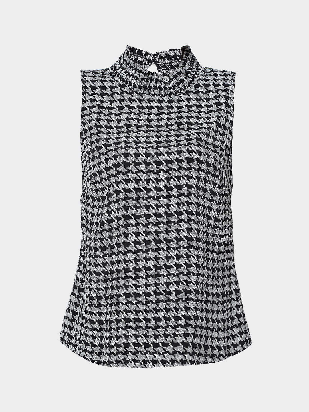 Grey Houndstooth Print Top