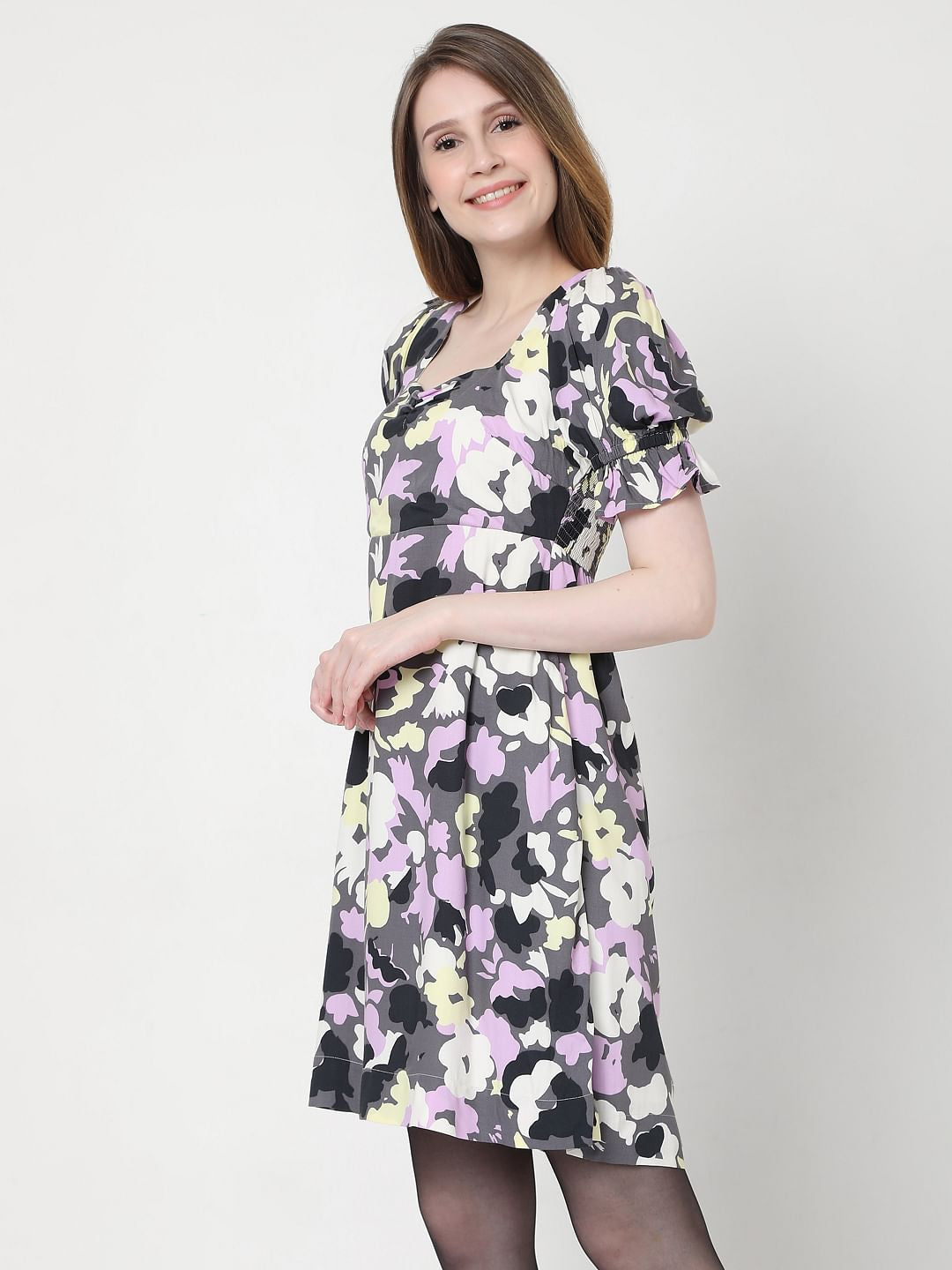 Grey Floral Mini Dress