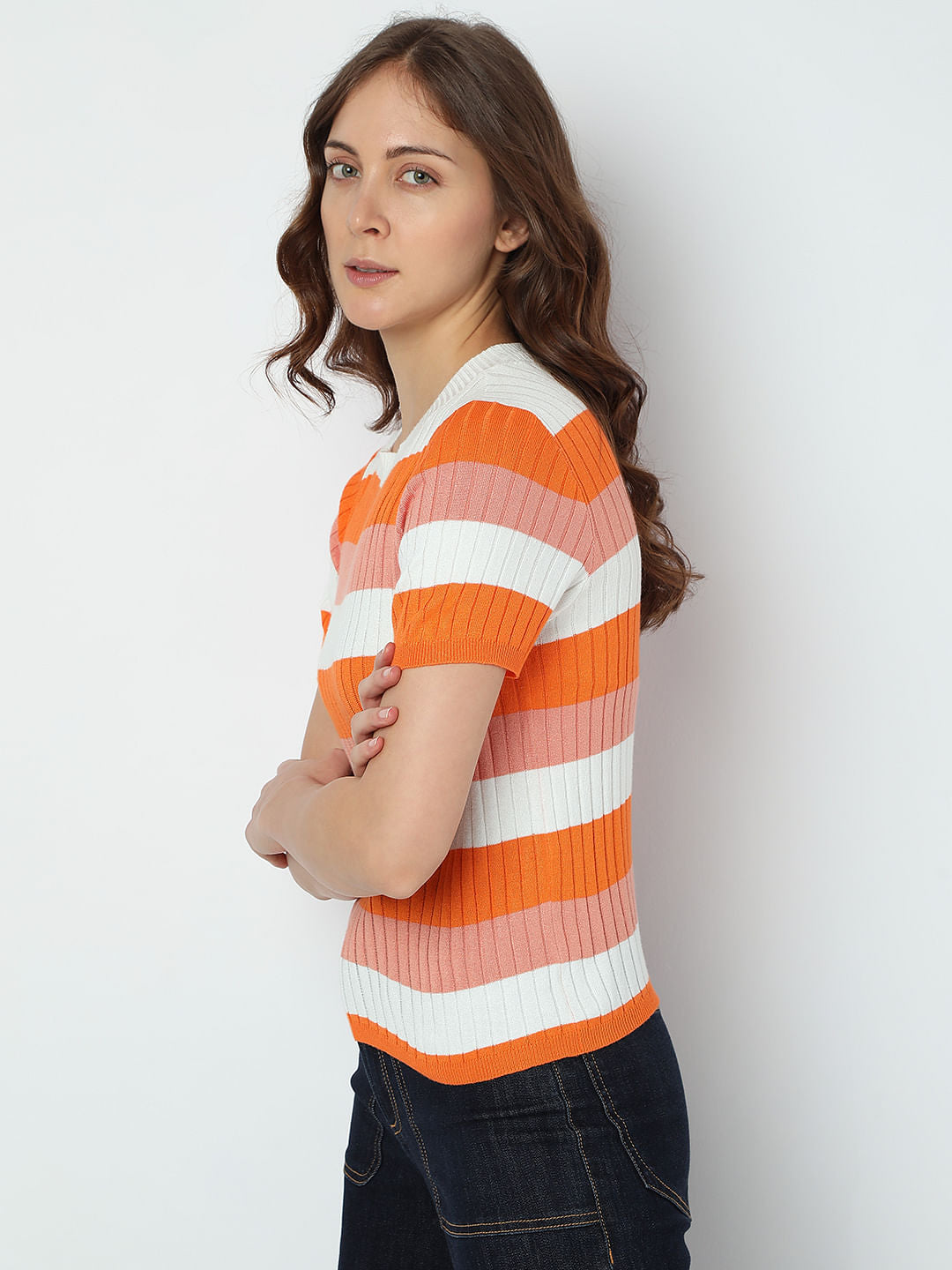 Orange Ribbed Striped Knit Top