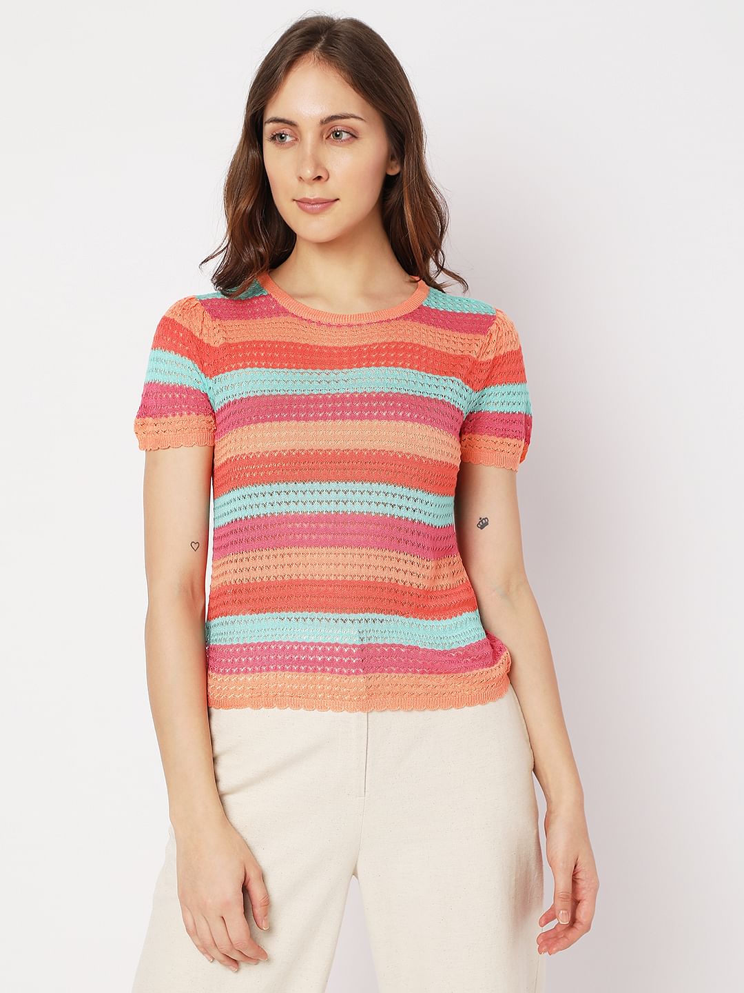 Blue Colourblocked Knit Top