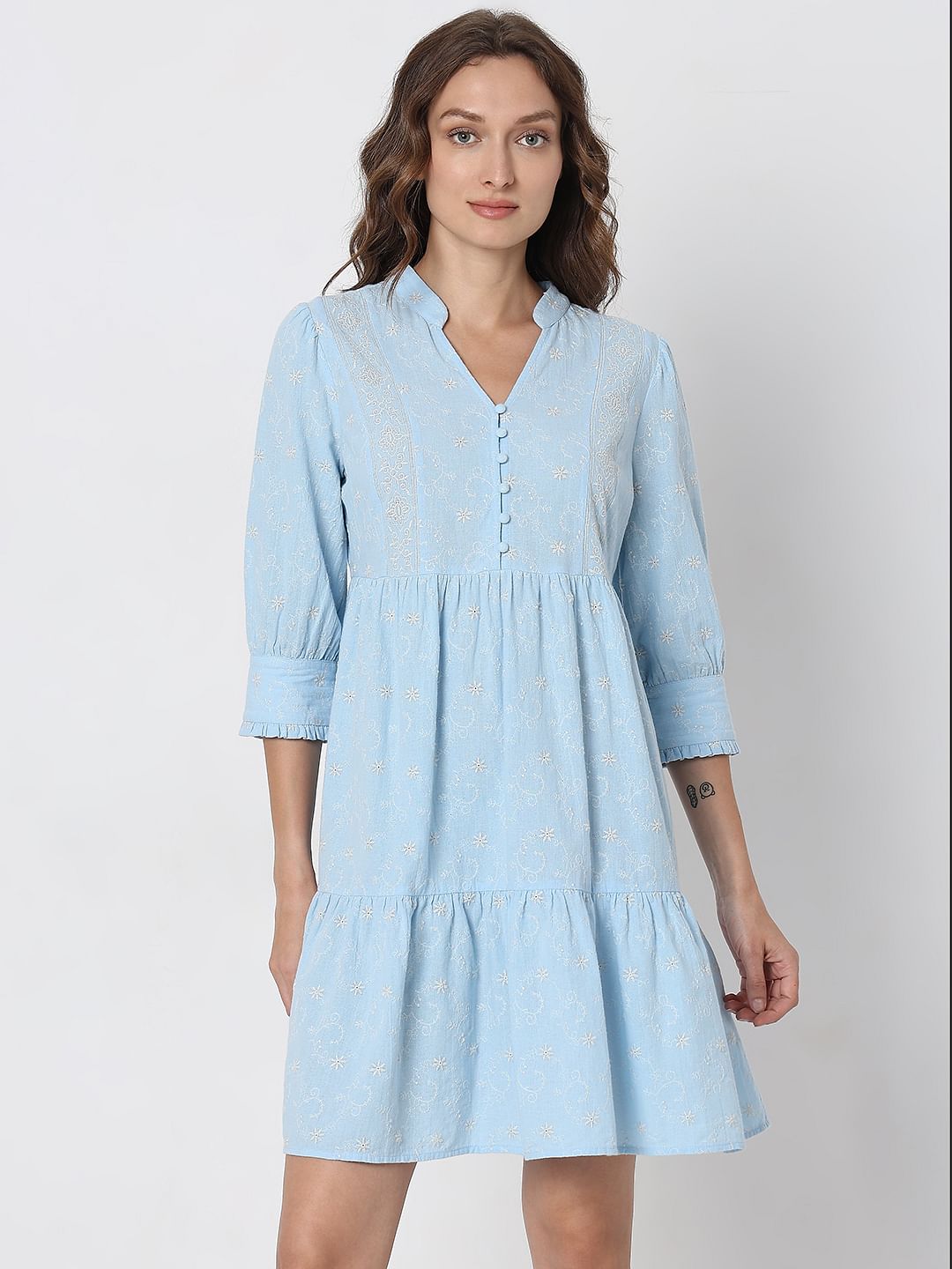 Light Blue Embroidered Shift Dress