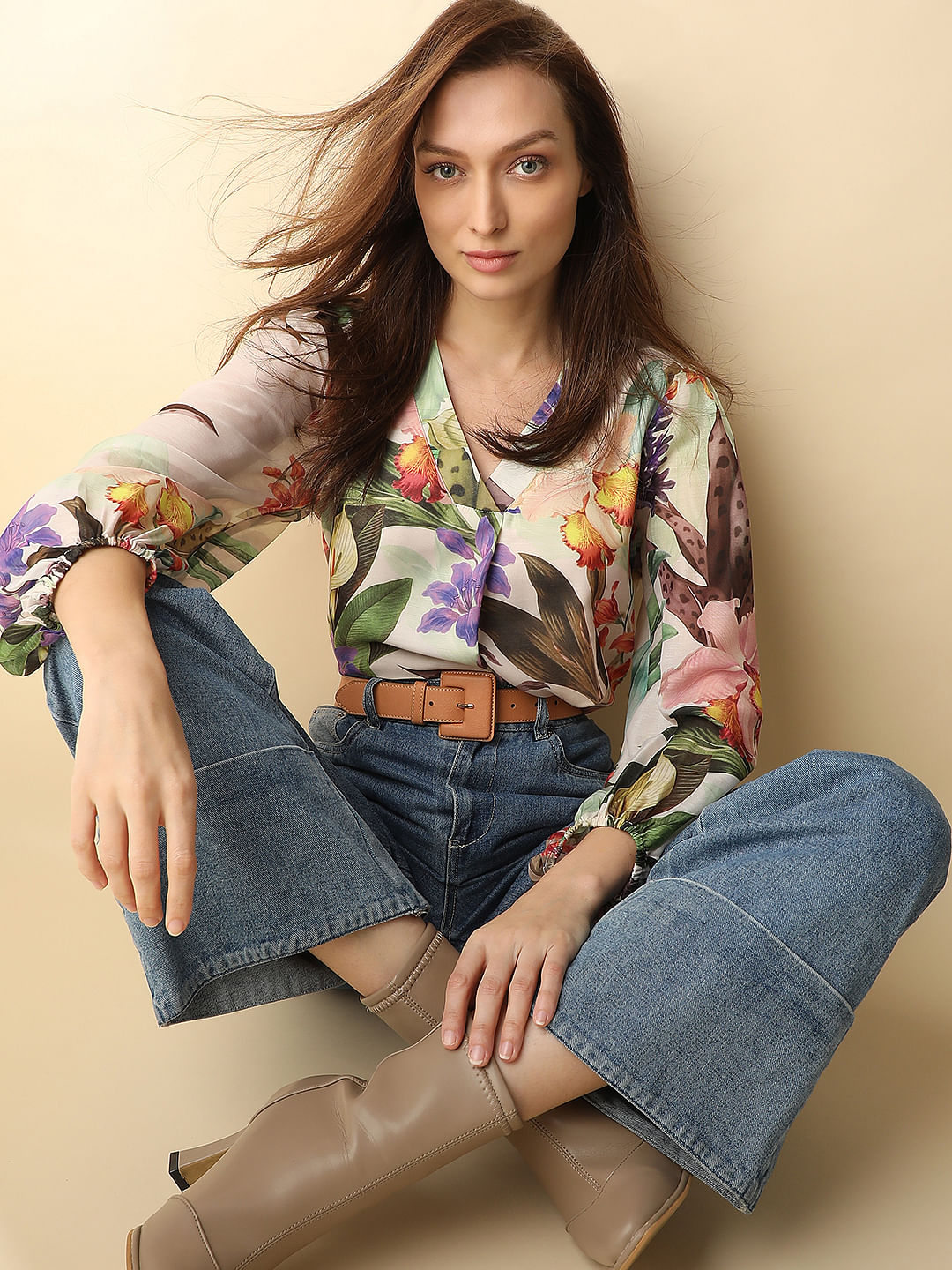 Peach Floral Print V-Neck Top