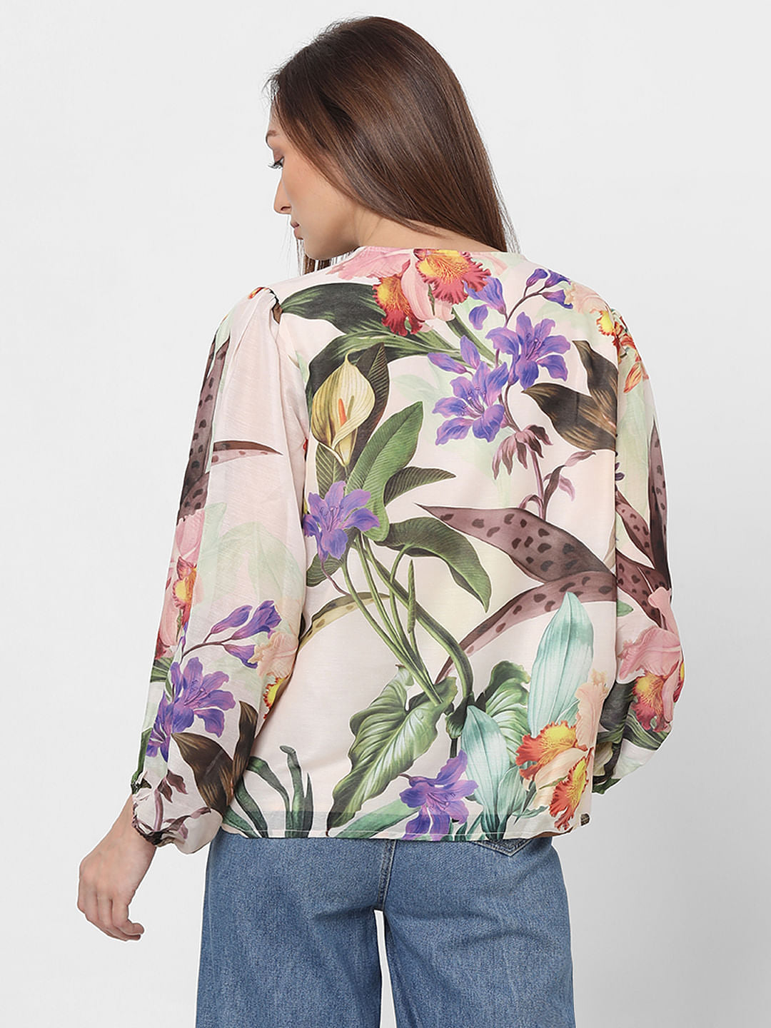 Peach Floral Print V-Neck Top