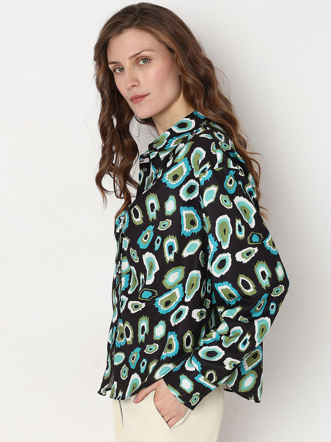 Black Abstract Print Satin Shirt