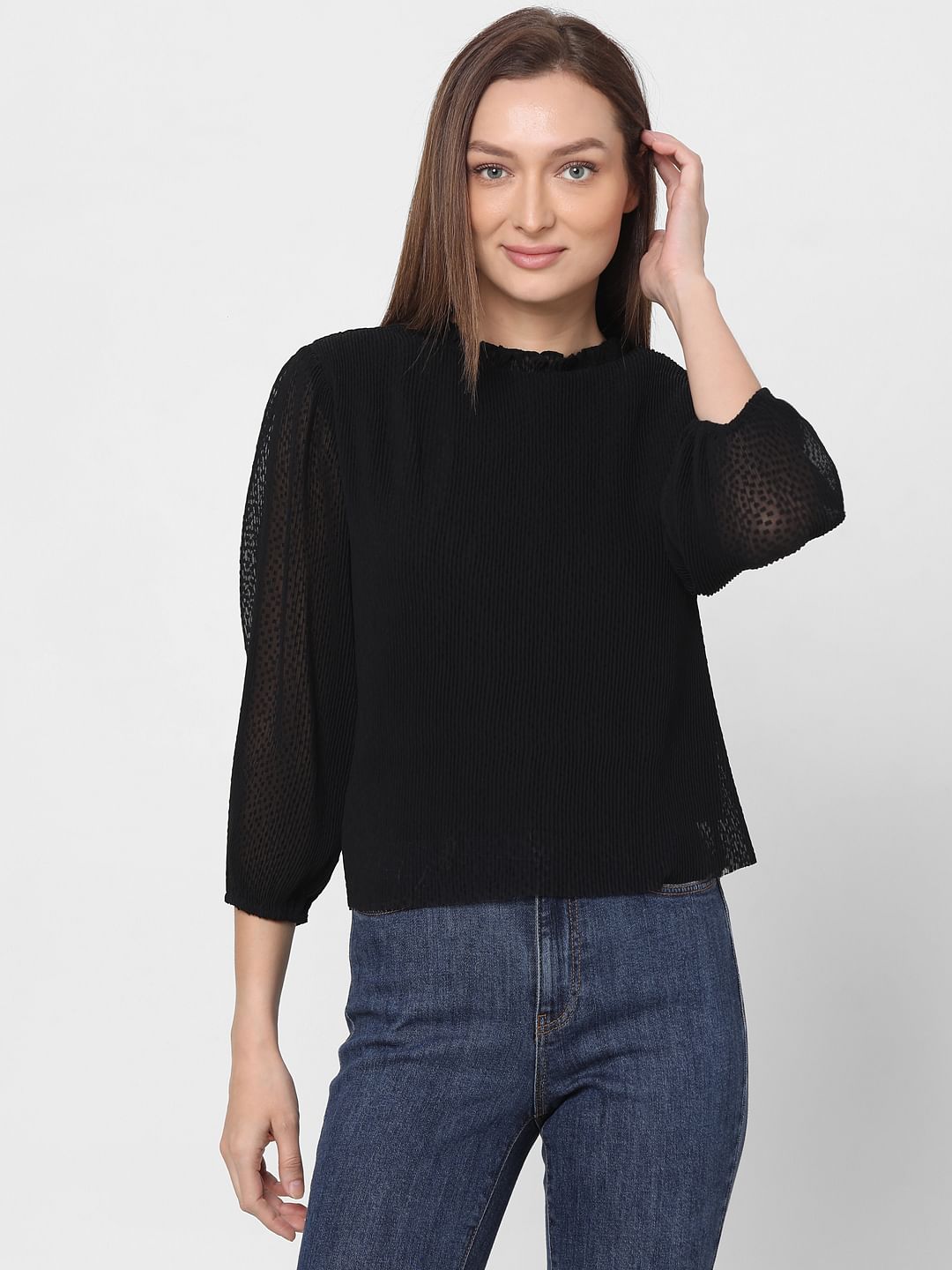 Black Plisse Pleated Top