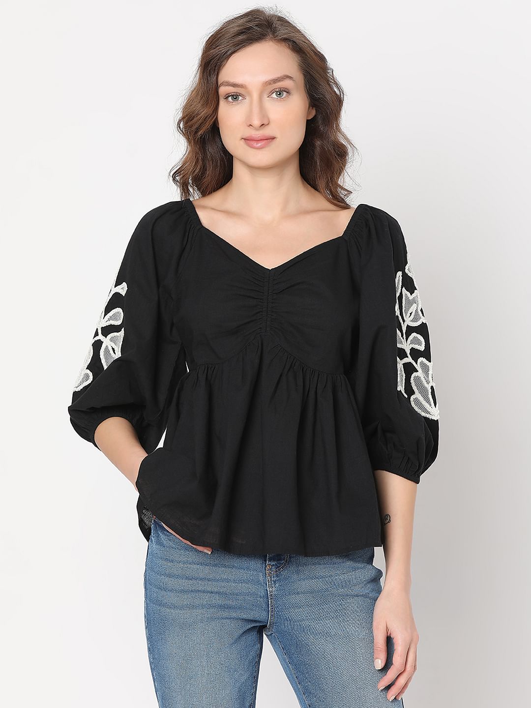Black Floral Embroidered Top