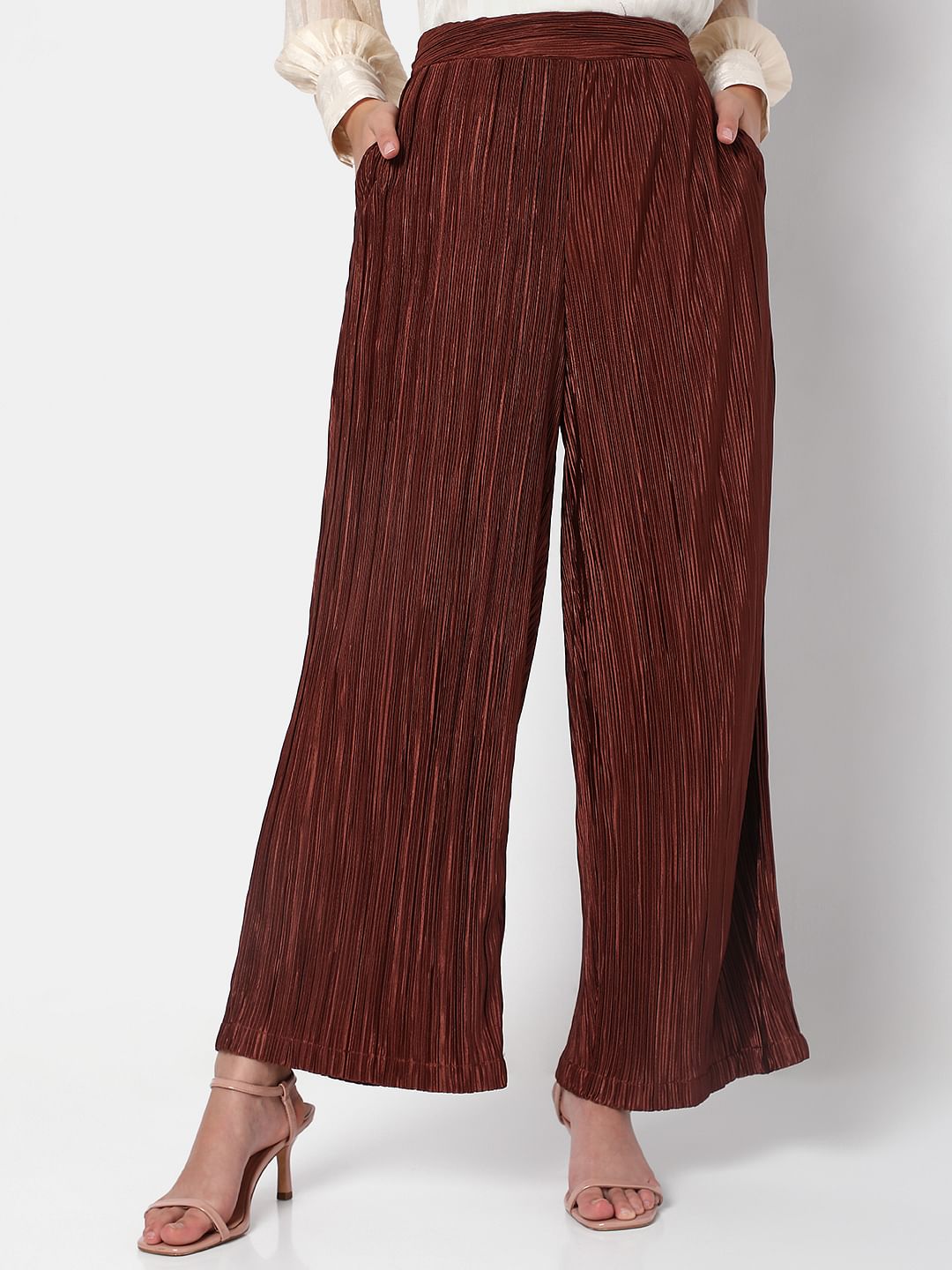 Brown High Rise Plisse Co-Ord Set Pants