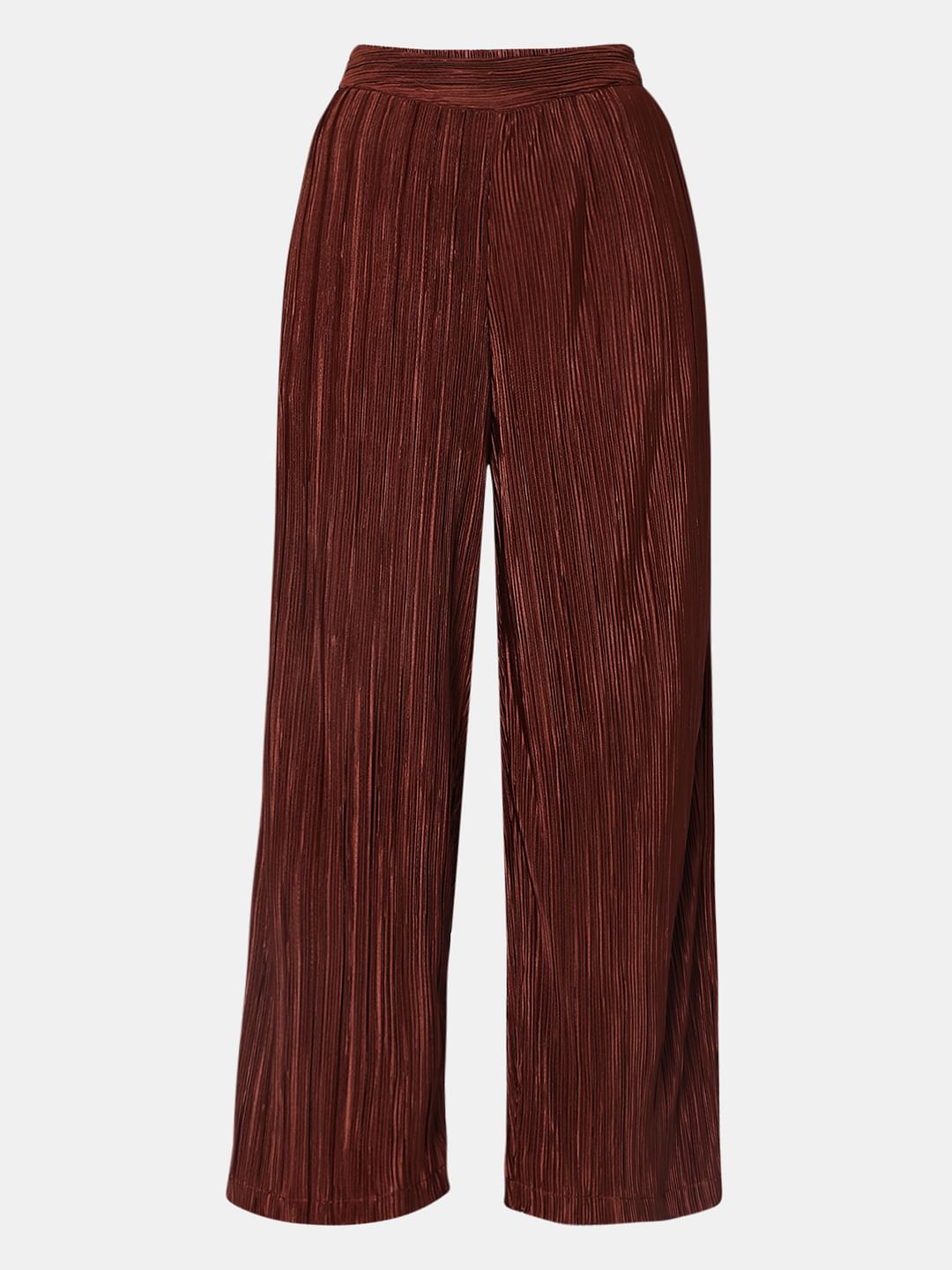 Brown High Rise Plisse Co-Ord Set Pants