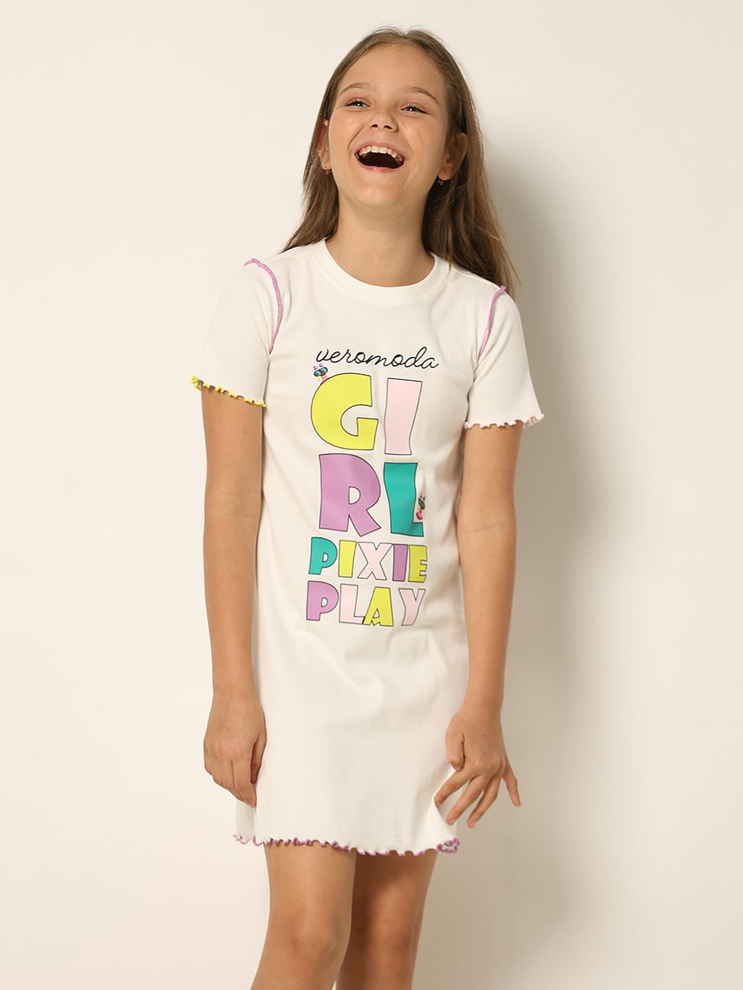 White Printed Ribbed Shift Dress