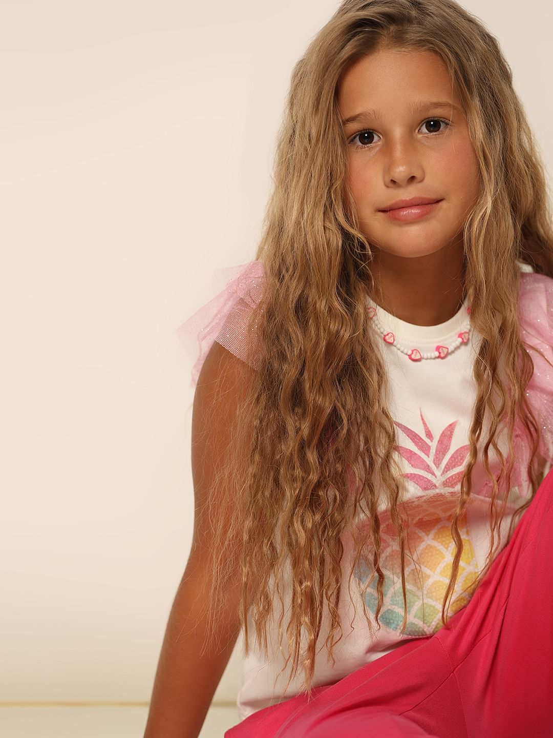 Girls White Ruffled Mesh T-Shirt