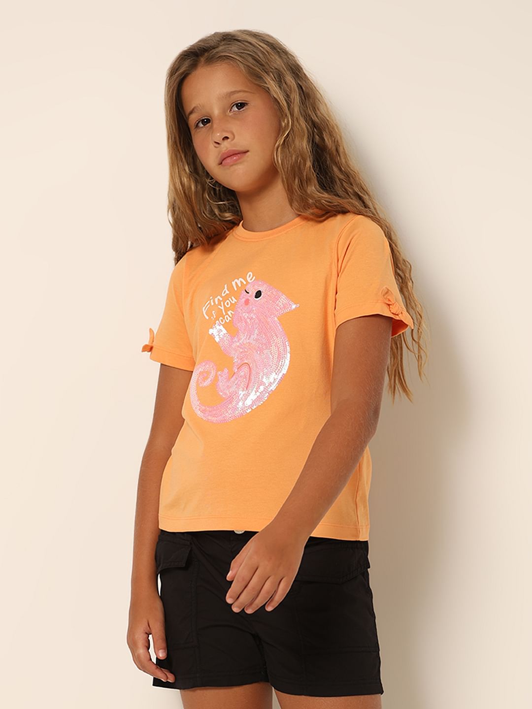 Girls Orange Sequin Graphic T-Shirt