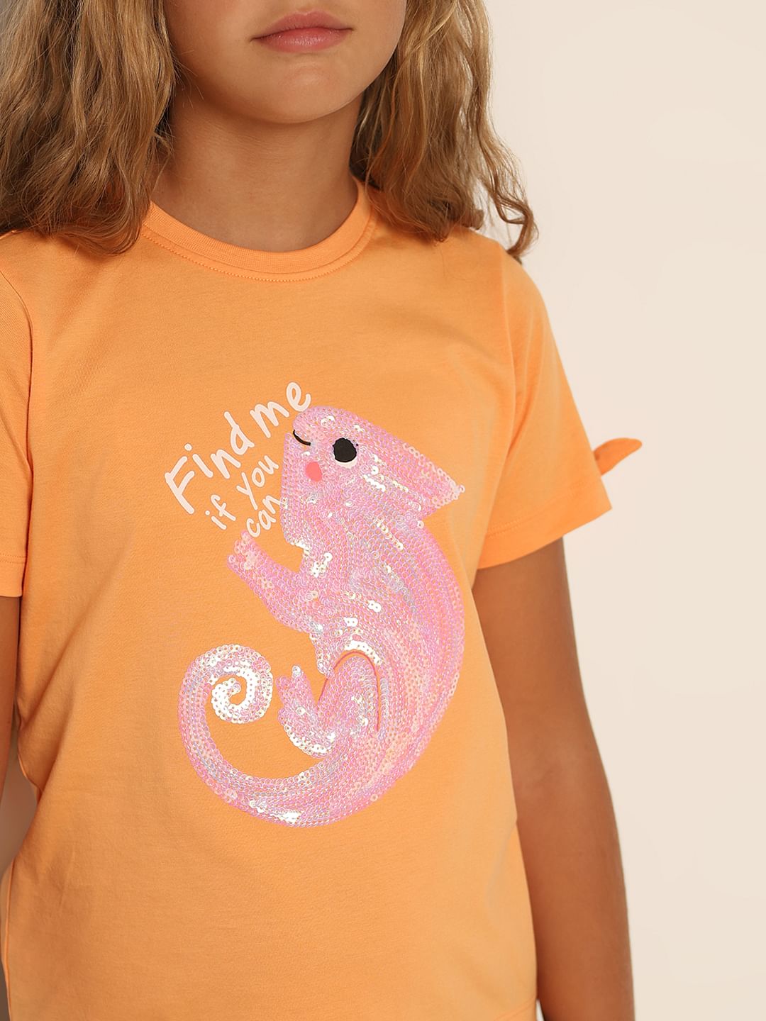 Girls Orange Sequin Graphic T-Shirt