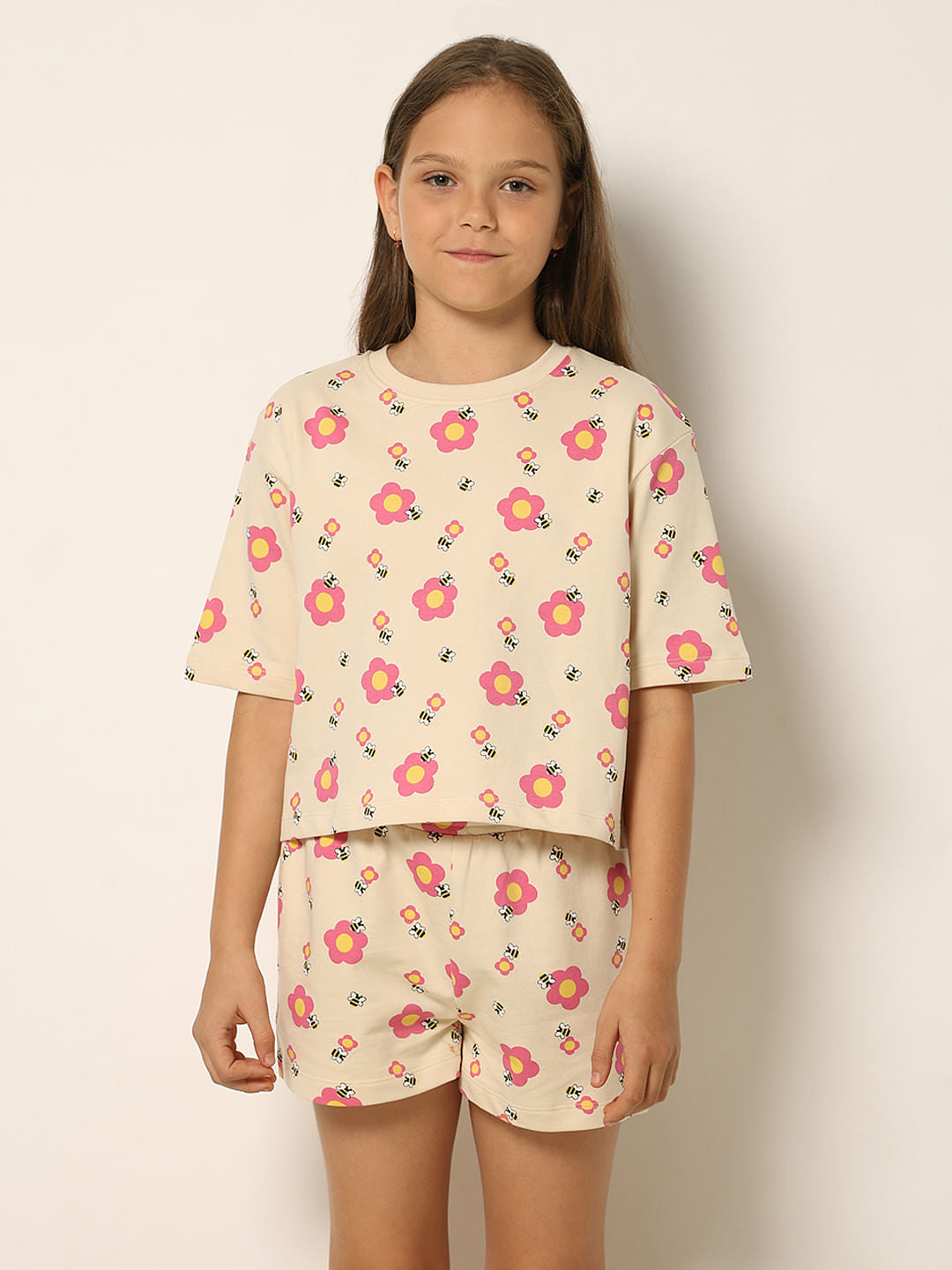 Beige Floral Co-Ord Set T-Shirt