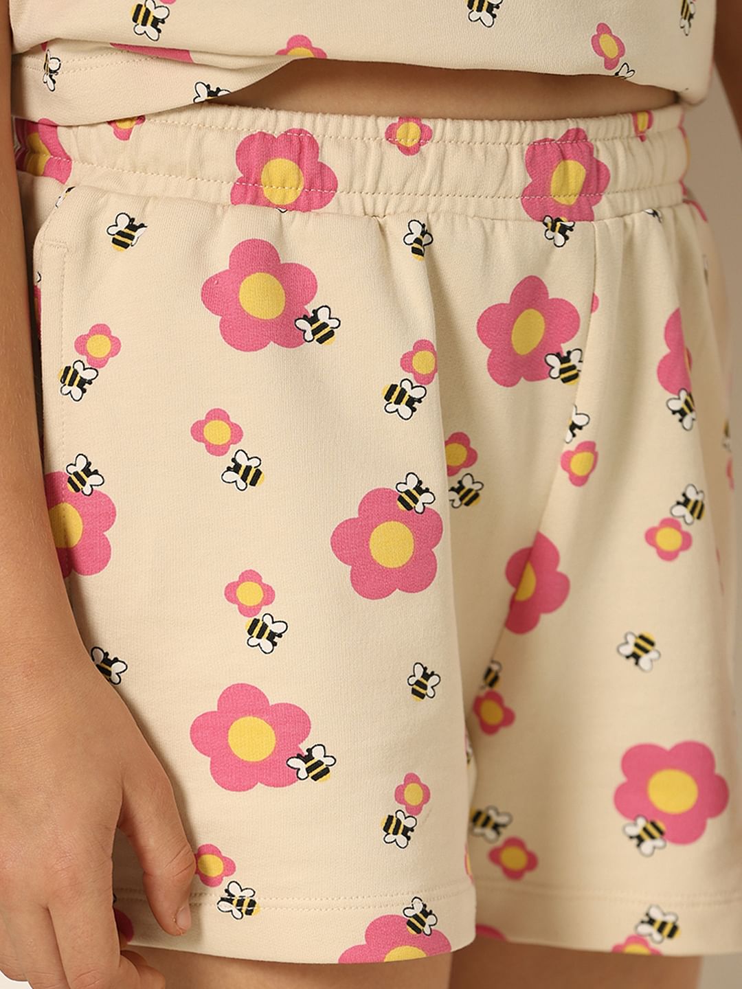 Beige Floral Co-Ord Set Shorts