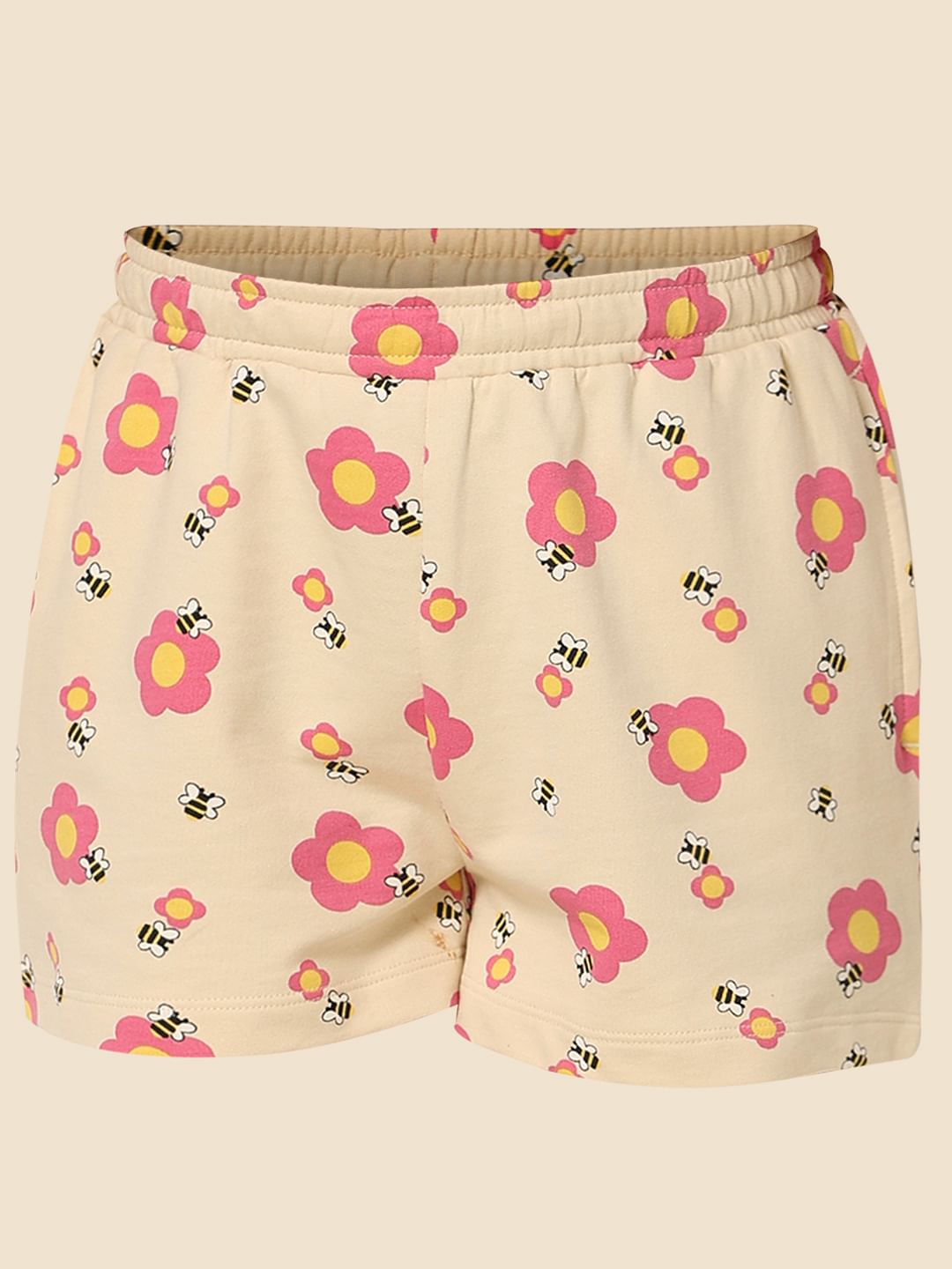 Beige Floral Co-Ord Set Shorts