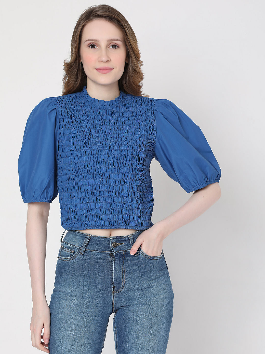 Blue Smocked Puff Sleeves Top