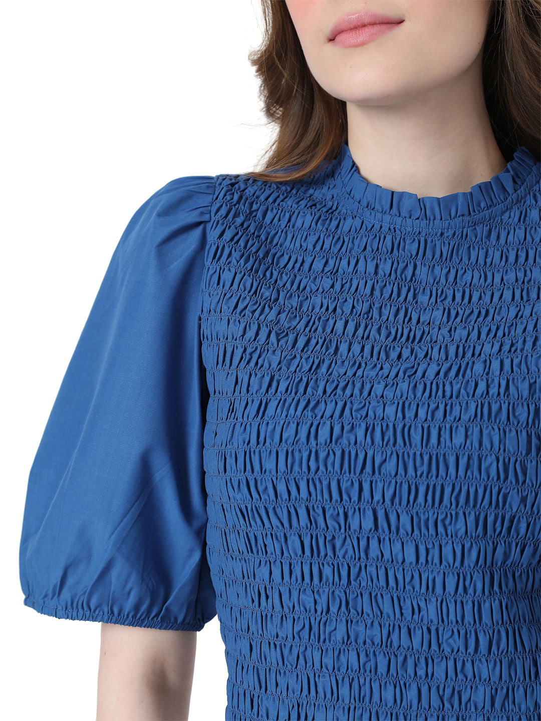 Blue Smocked Puff Sleeves Top