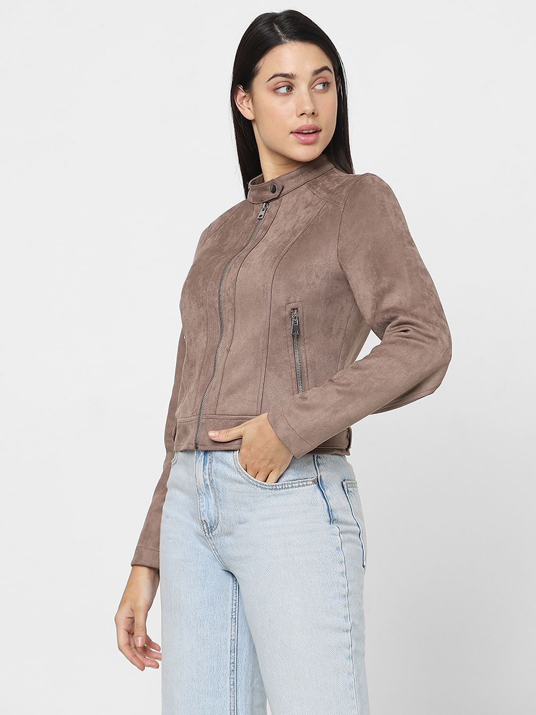 Brown Faux Suede Biker Jacket