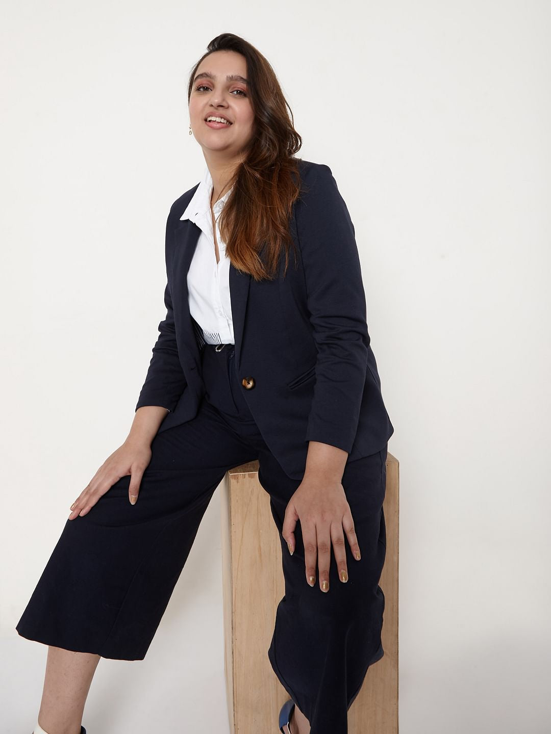 Curve Navy Blue Knit Formal Blazer