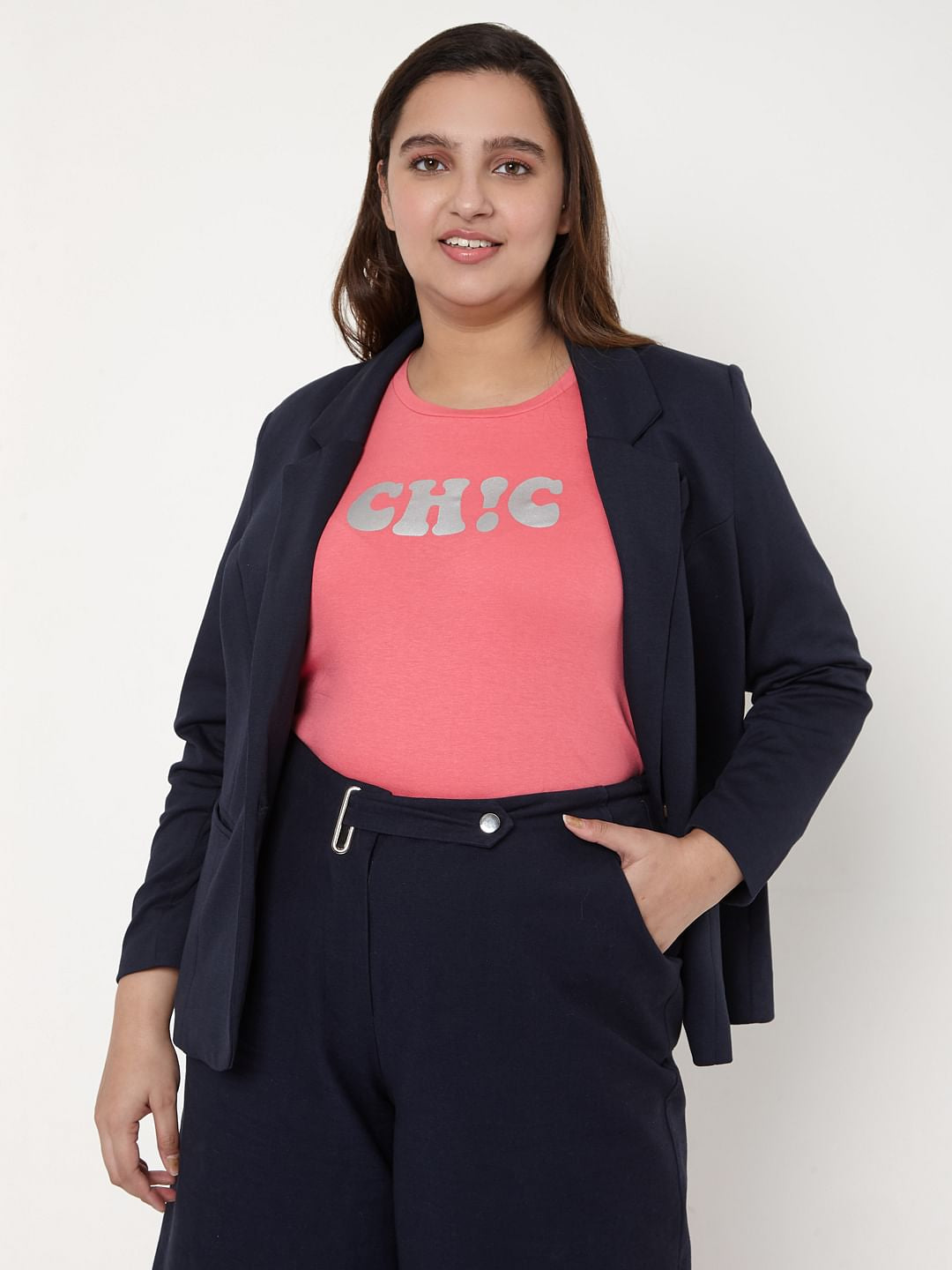 Curve Navy Blue Knit Formal Blazer