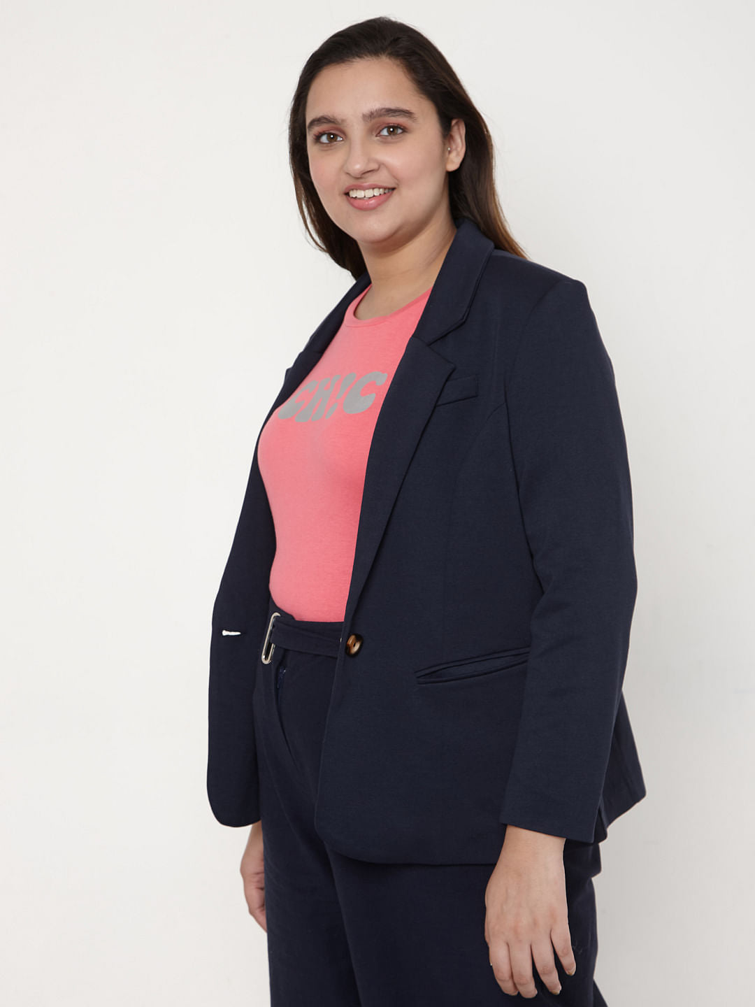 Curve Navy Blue Knit Formal Blazer