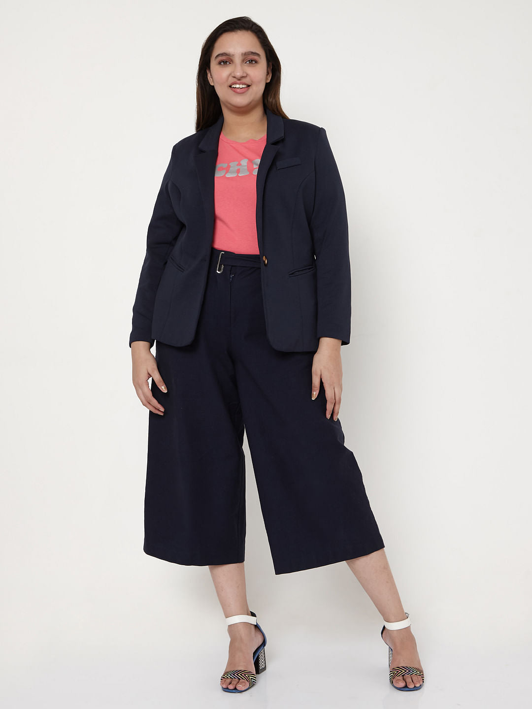 Curve Navy Blue Knit Formal Blazer