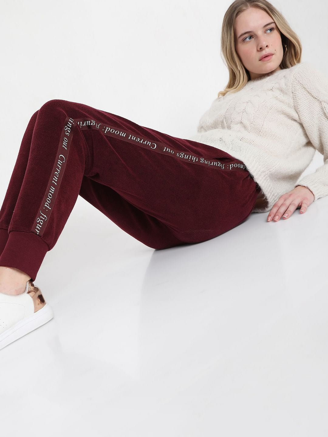 Maroon Mid Rise Tape Detail Joggers