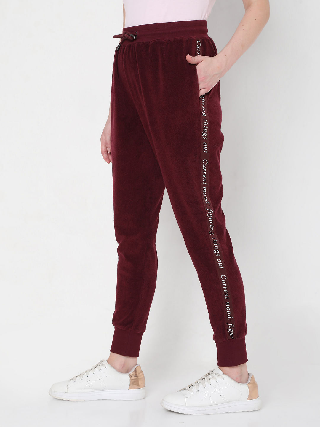 Maroon Mid Rise Tape Detail Joggers