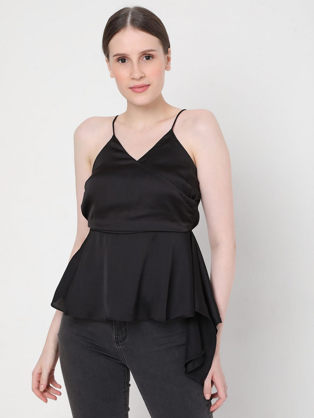 Black Strappy Wrap Peplum Top