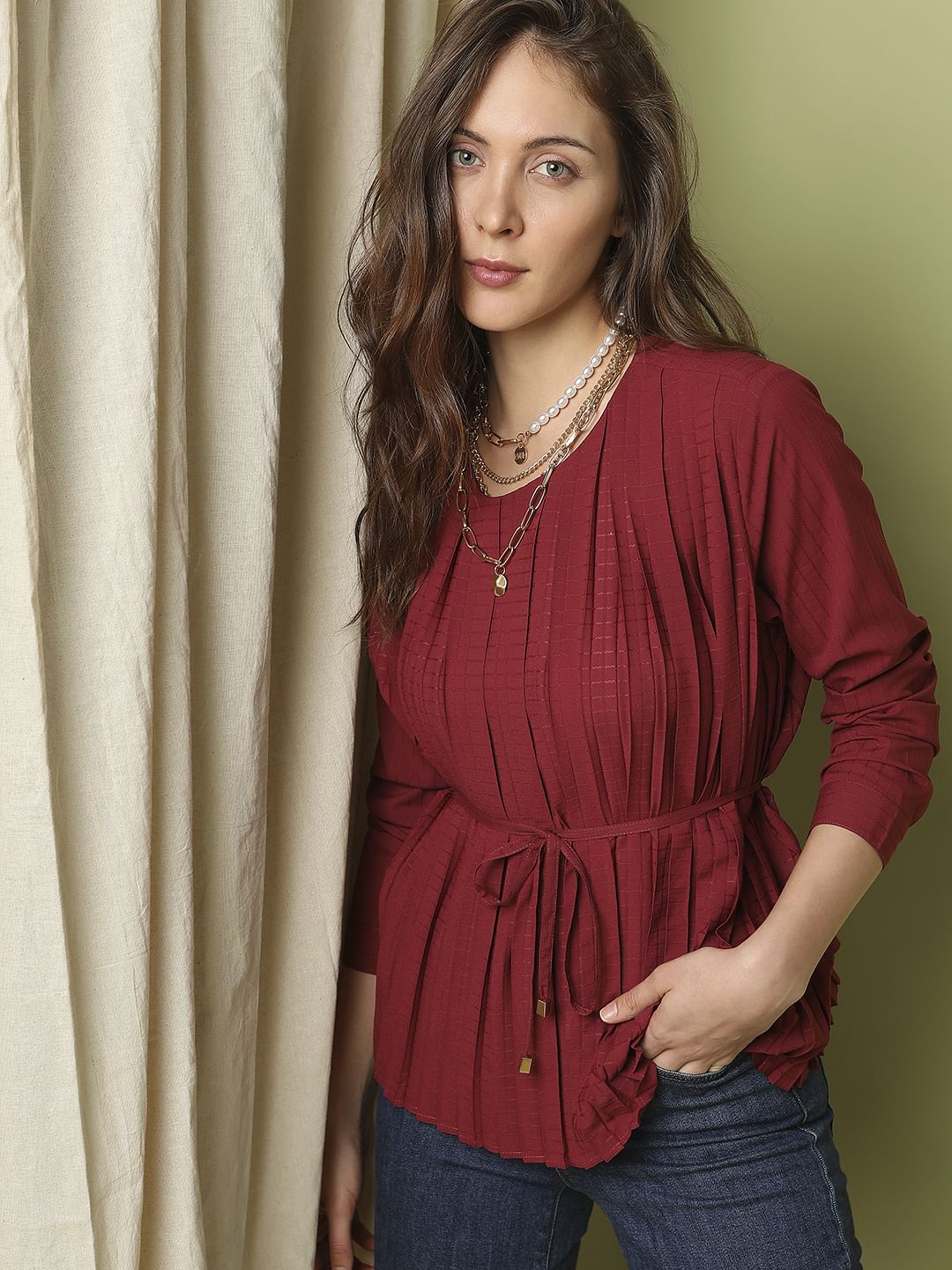 Brick Red Pleated Top
