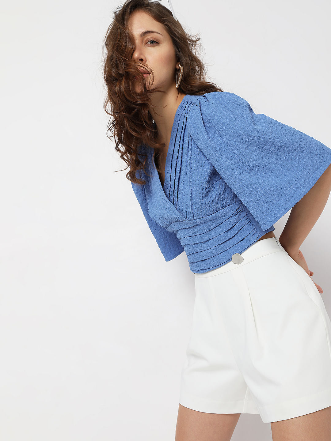 Blue Textured Pleated Crop Top