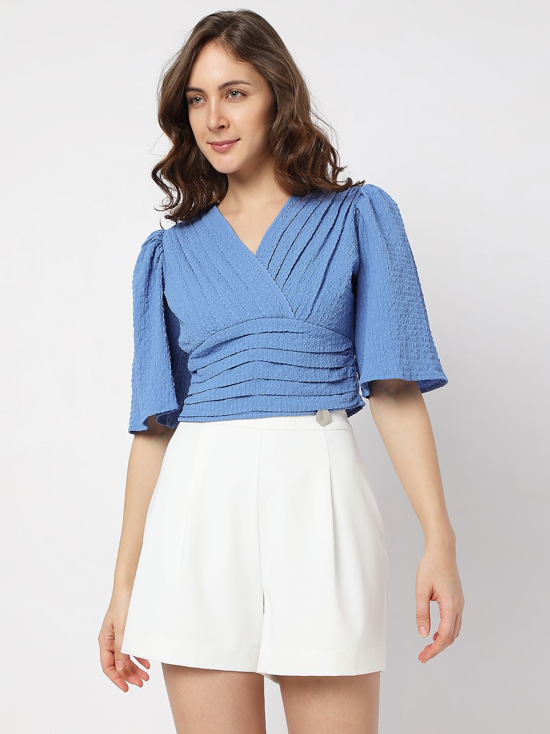 Blue Textured Pleated Crop Top