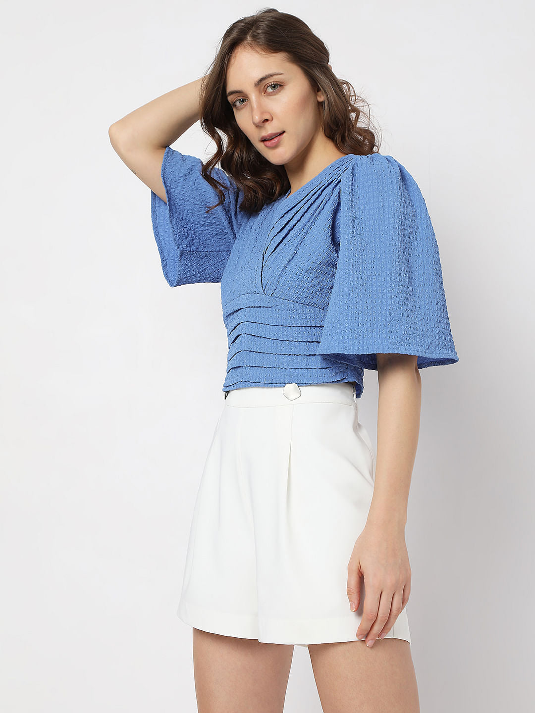 Blue Textured Pleated Crop Top