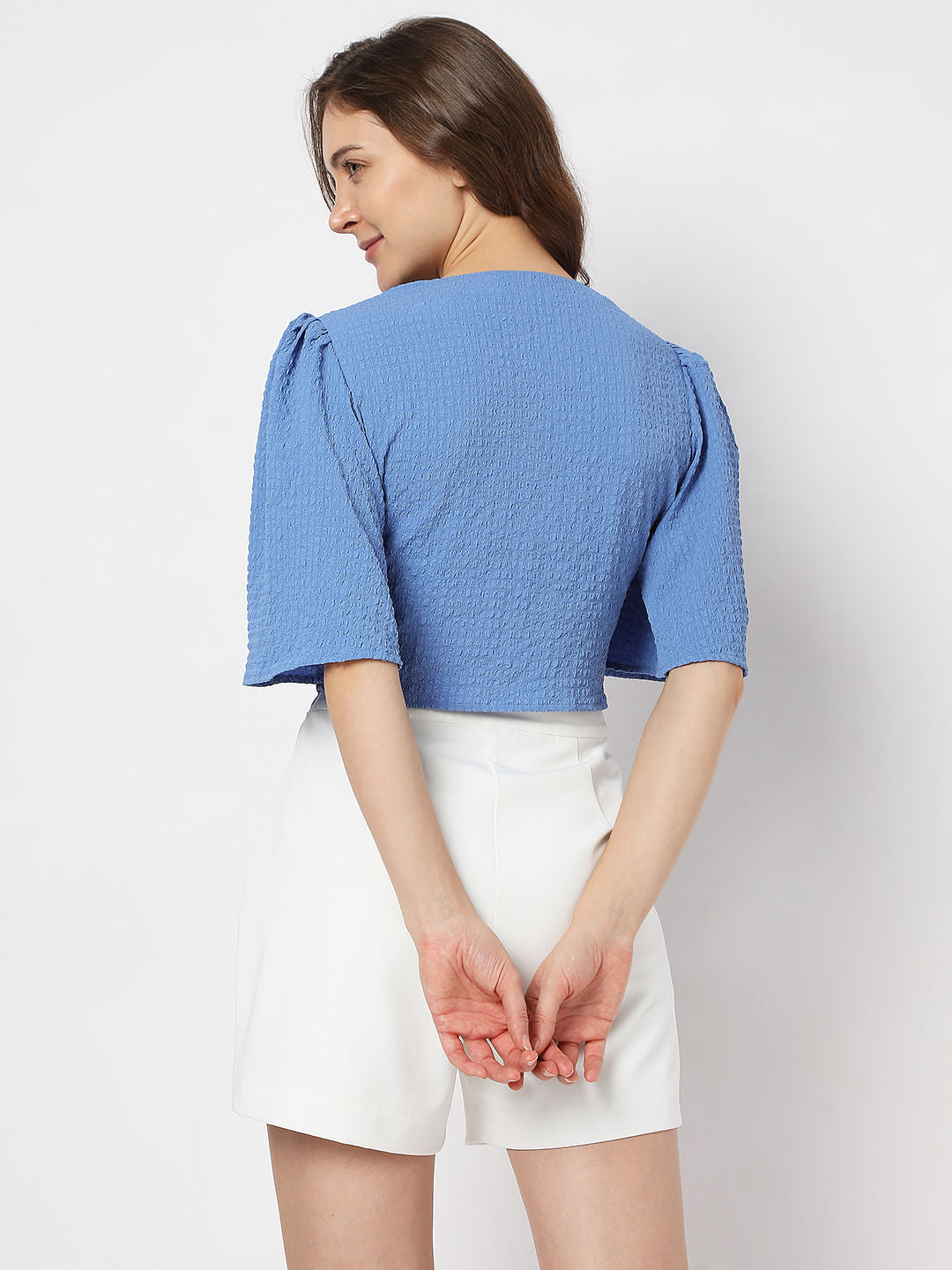 Blue Textured Pleated Crop Top