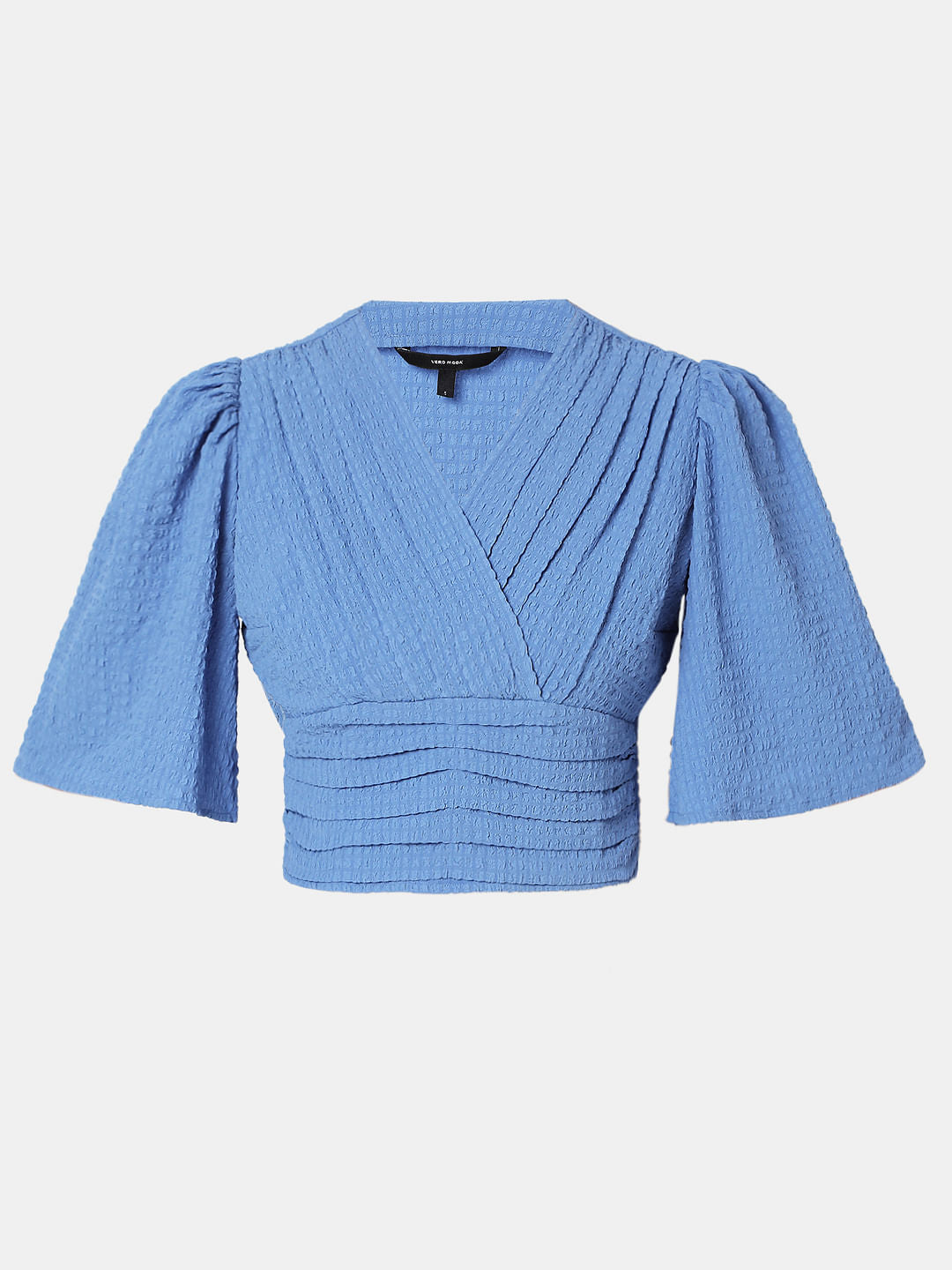 Blue Textured Pleated Crop Top