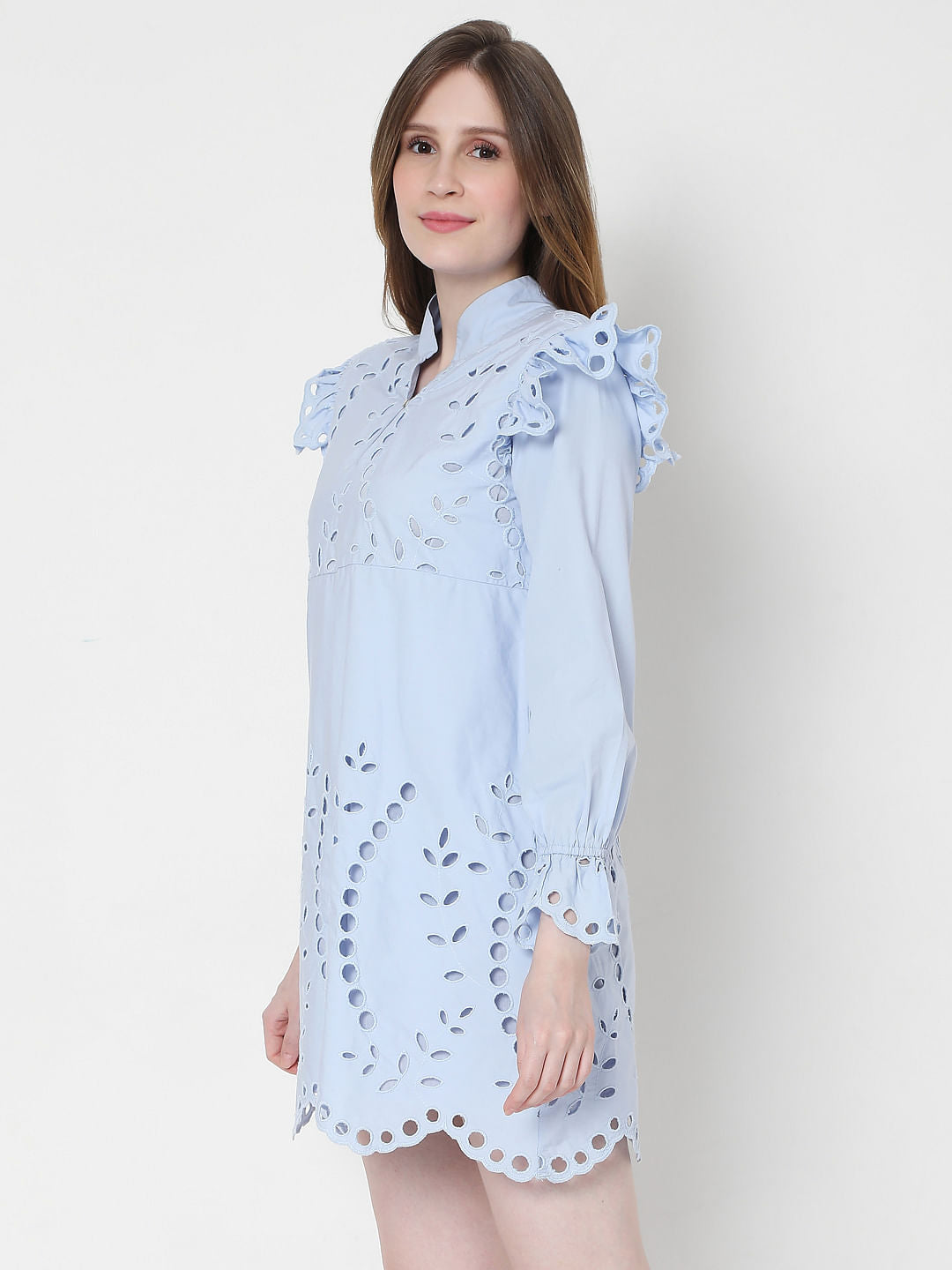 Blue Schiffli Embroidered Mini Dress