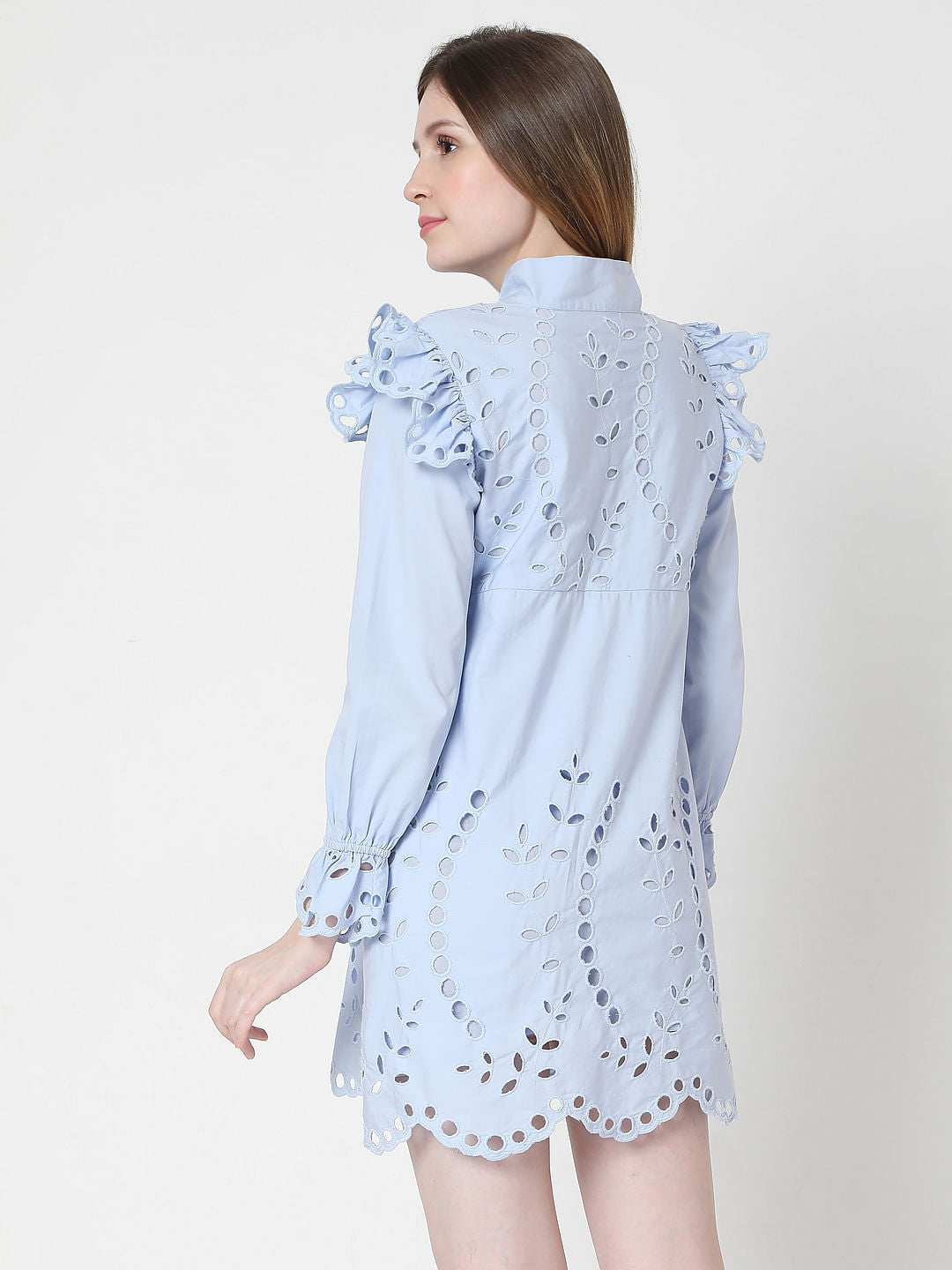Blue Schiffli Embroidered Mini Dress