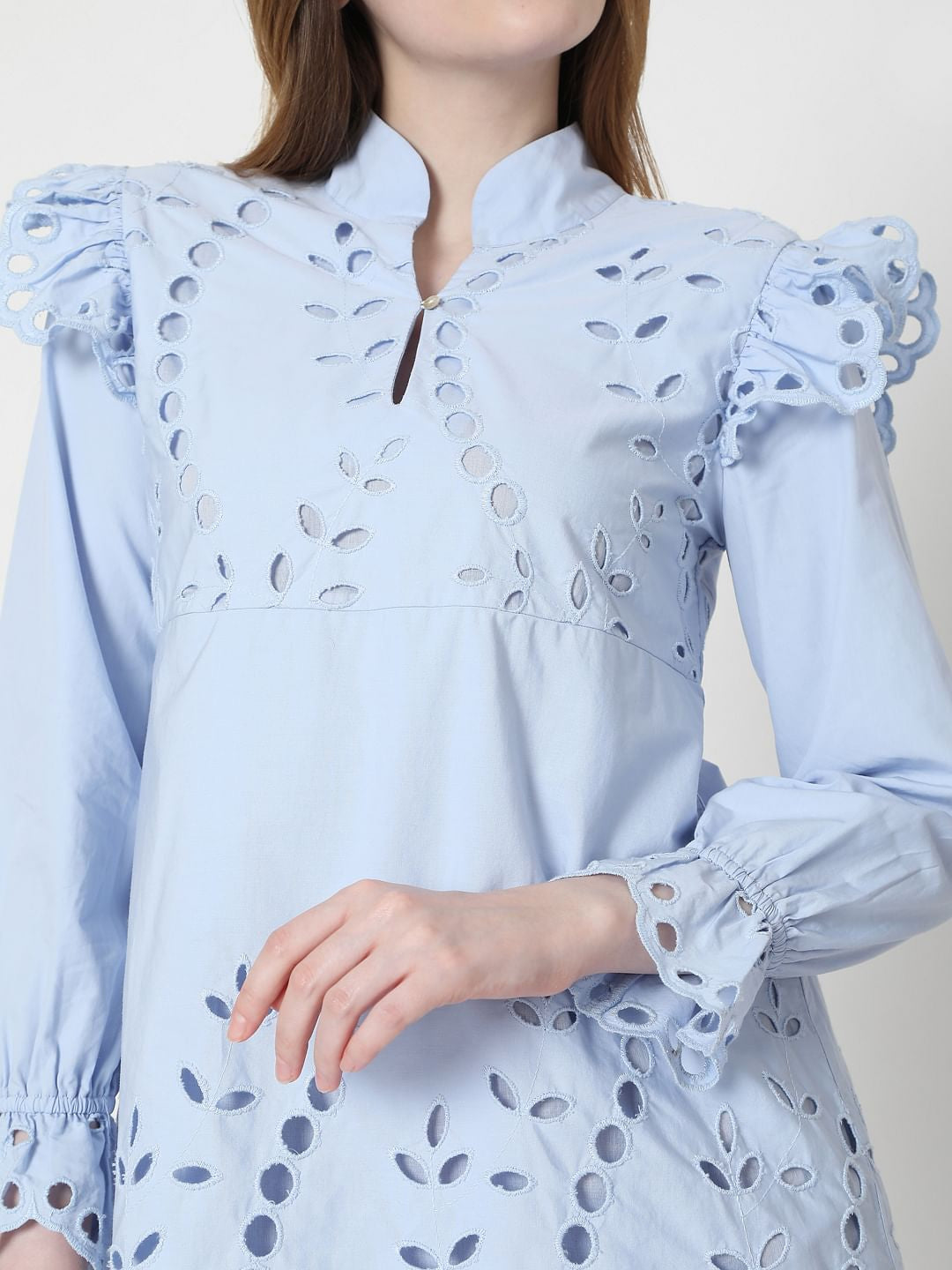 Blue Schiffli Embroidered Mini Dress