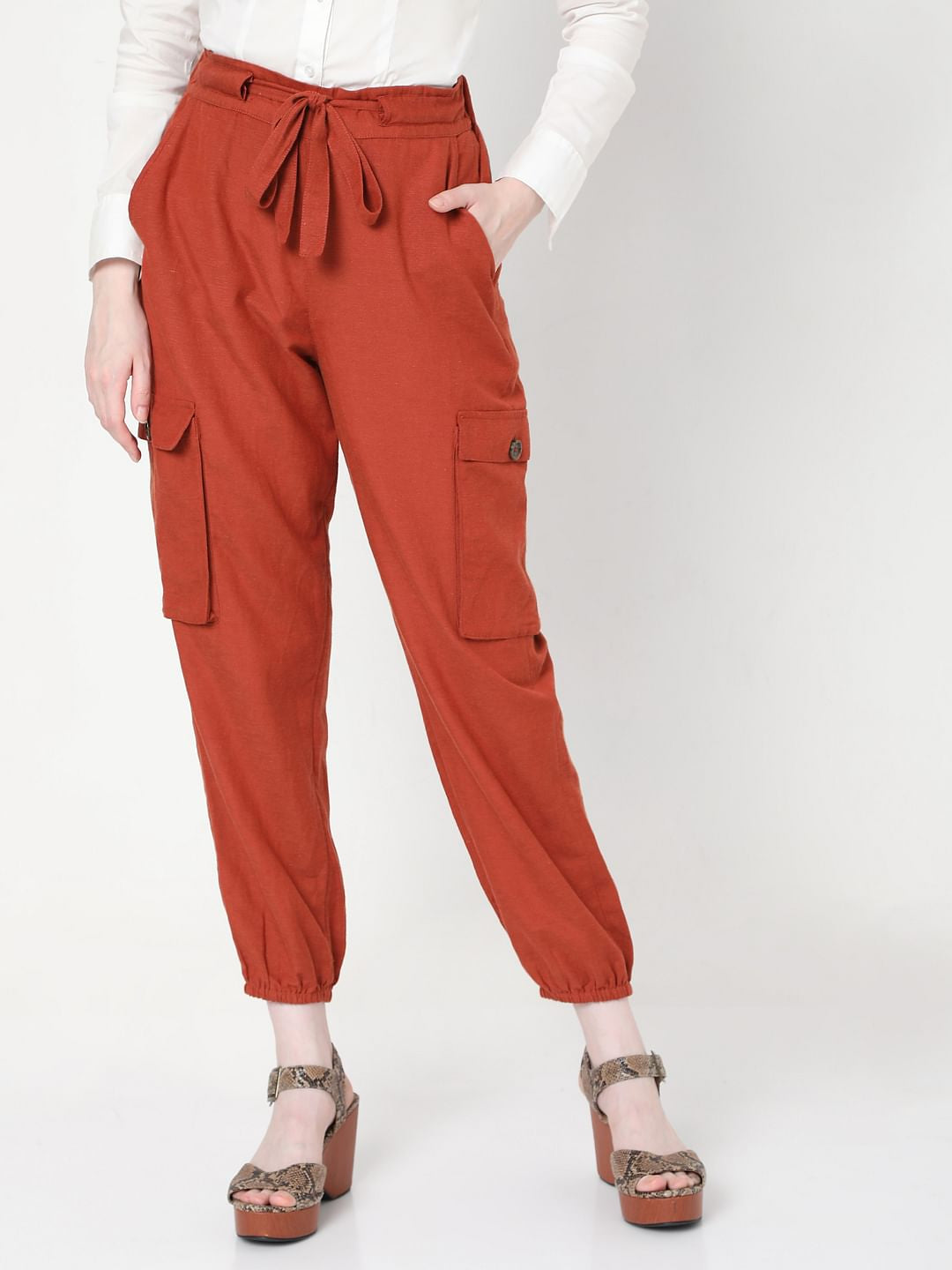 Brown High Rise Tie Up Pants