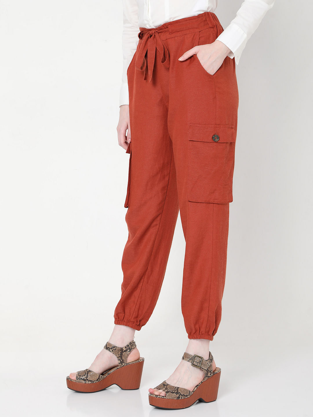 Brown High Rise Tie Up Pants