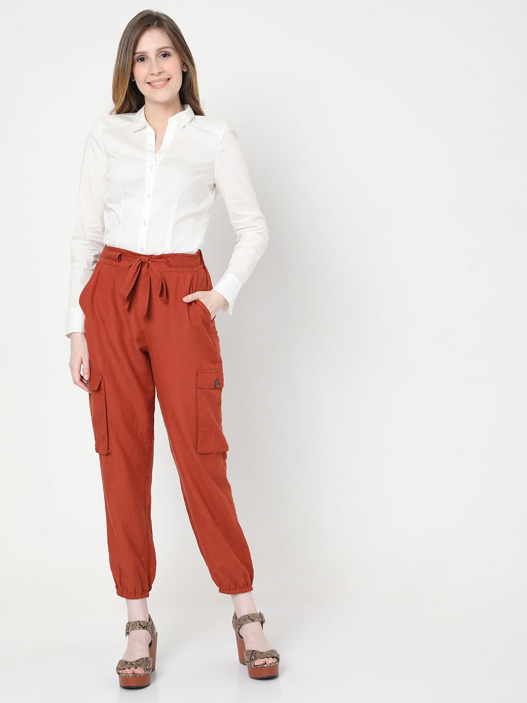 Brown High Rise Tie Up Pants