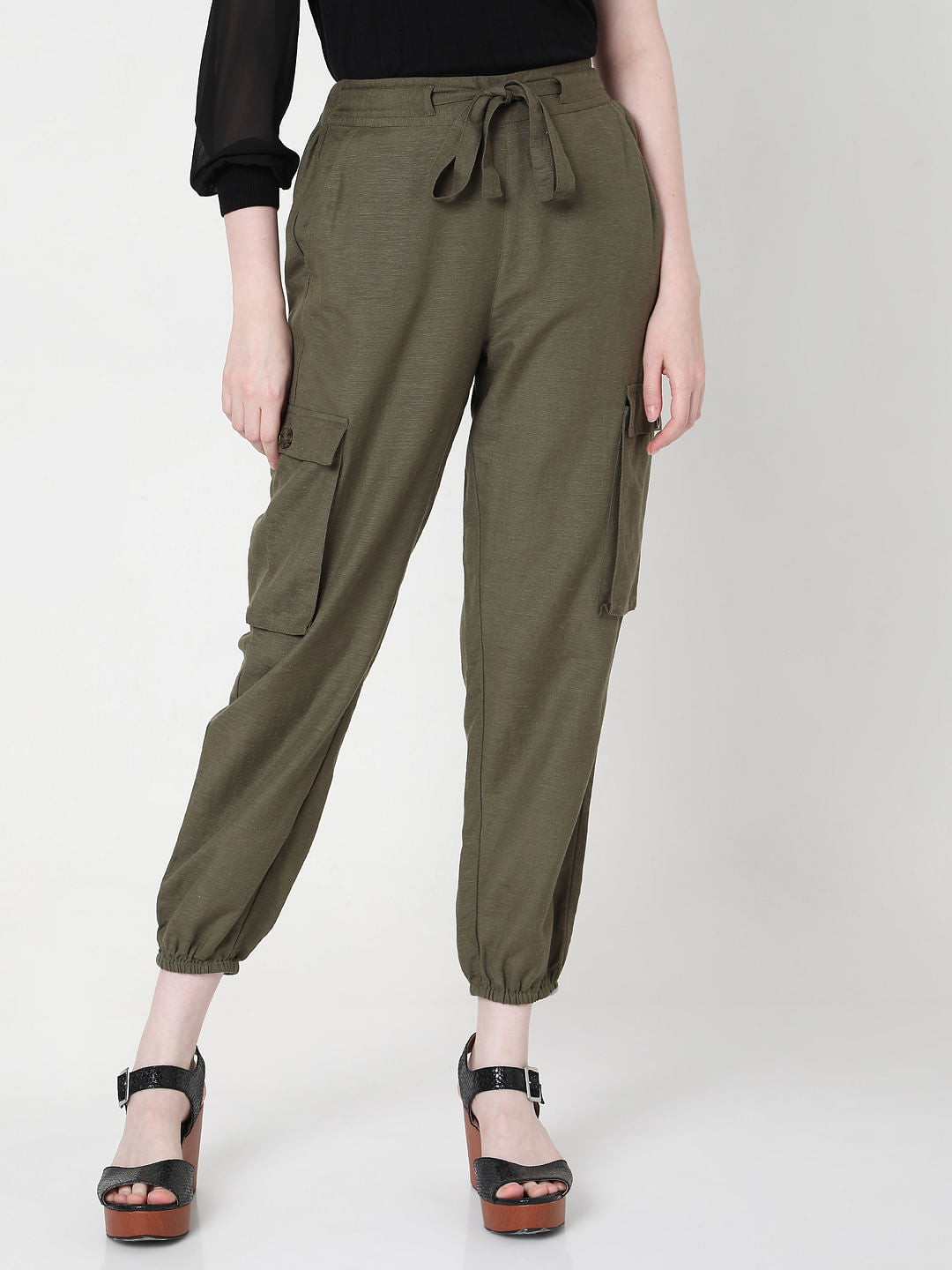 Green High Rise Tie Up Pants