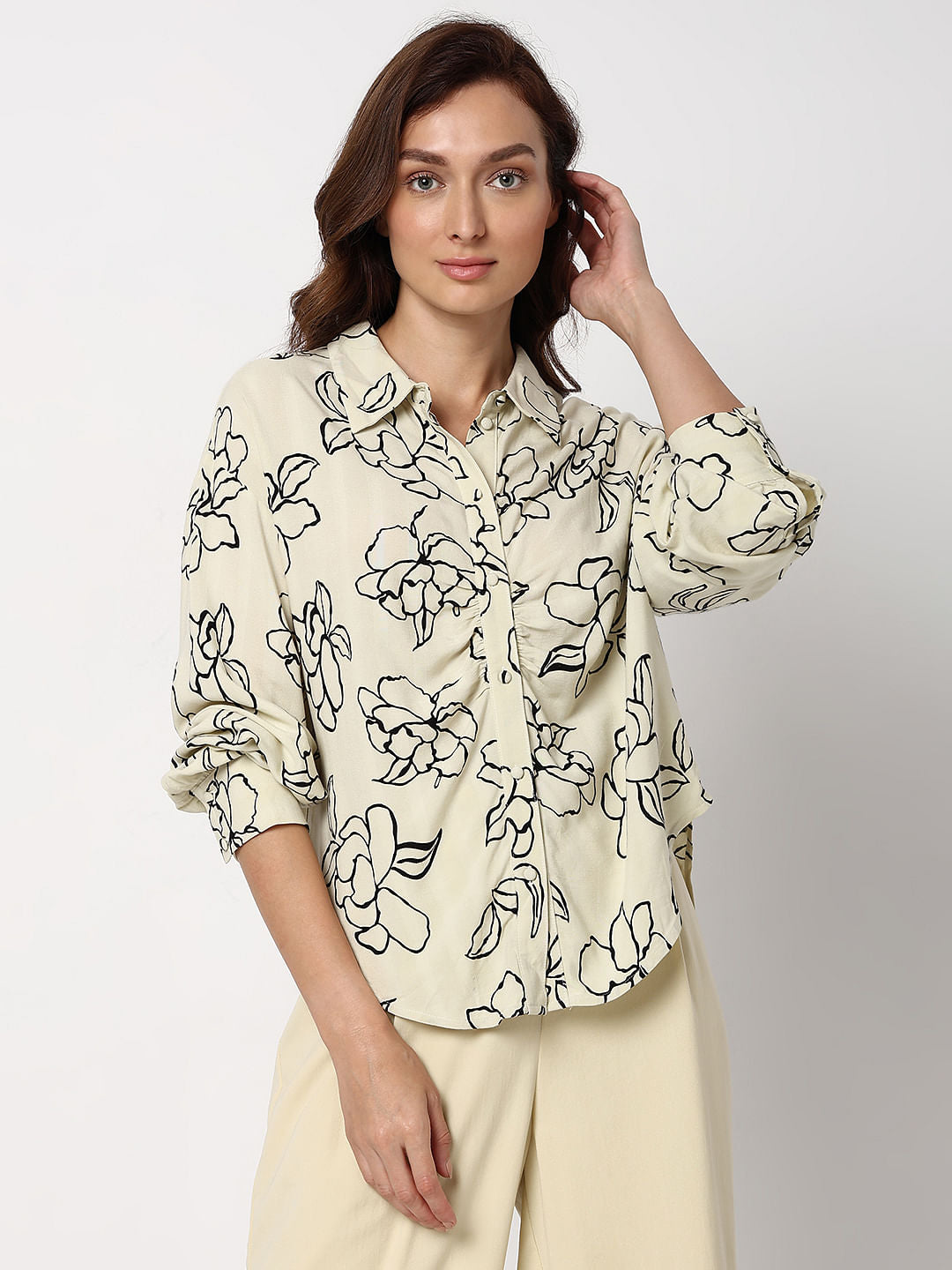 White Floral Print Regular Fit Shirt