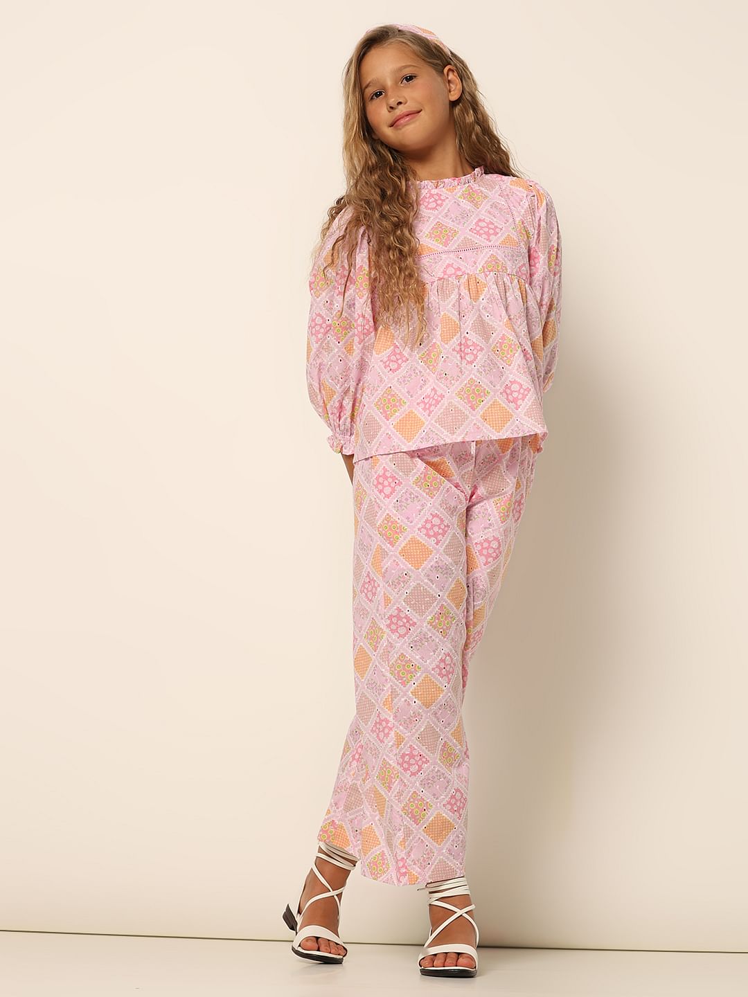 Girls Pink Schiffli Co-Ord Set Pants