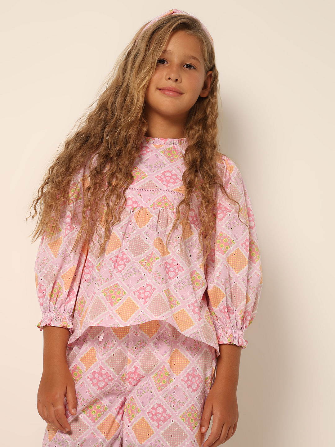 Girls Pink Schiffli Co-Ord Set Top