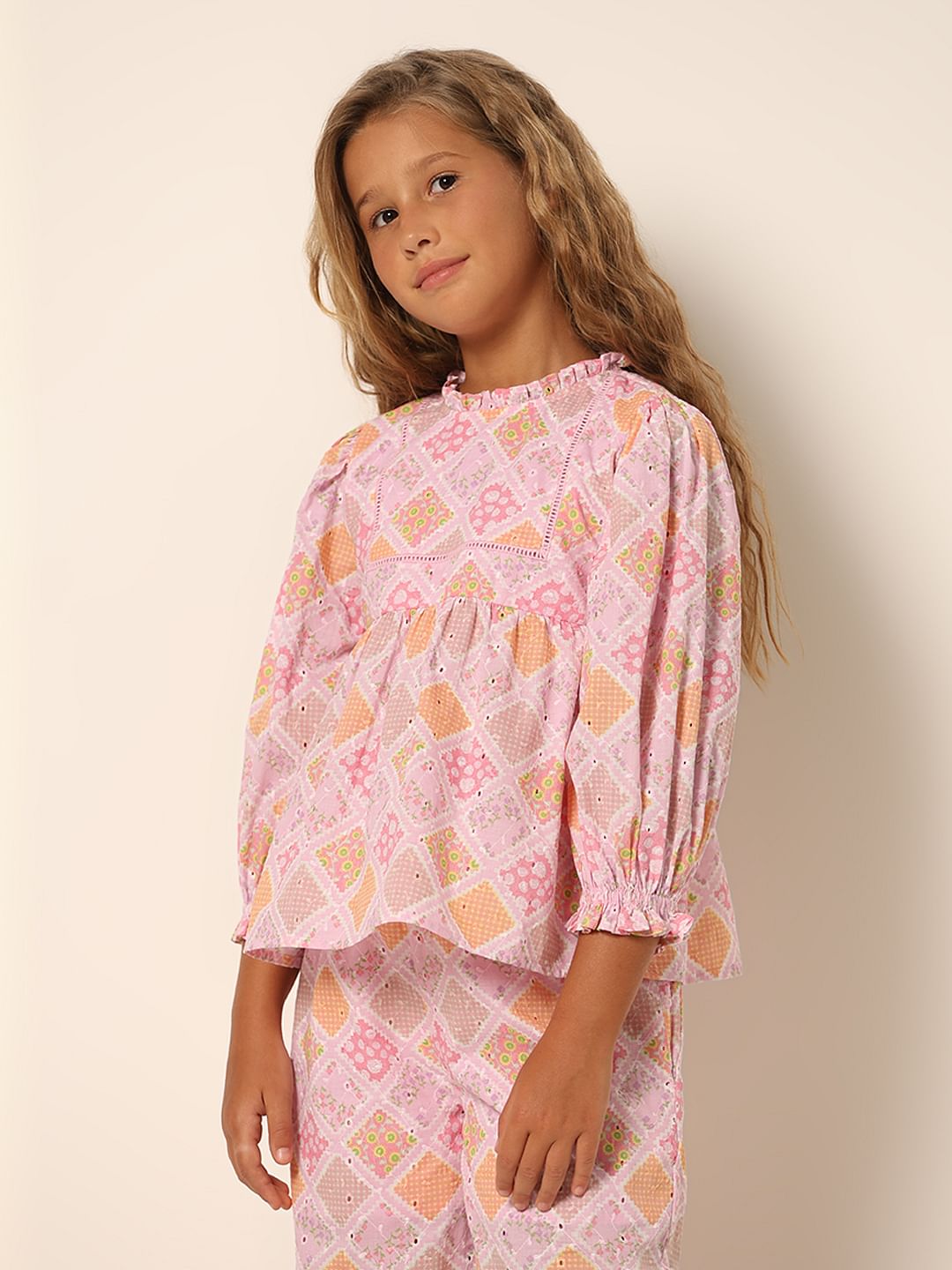 Girls Pink Schiffli Co-Ord Set Top