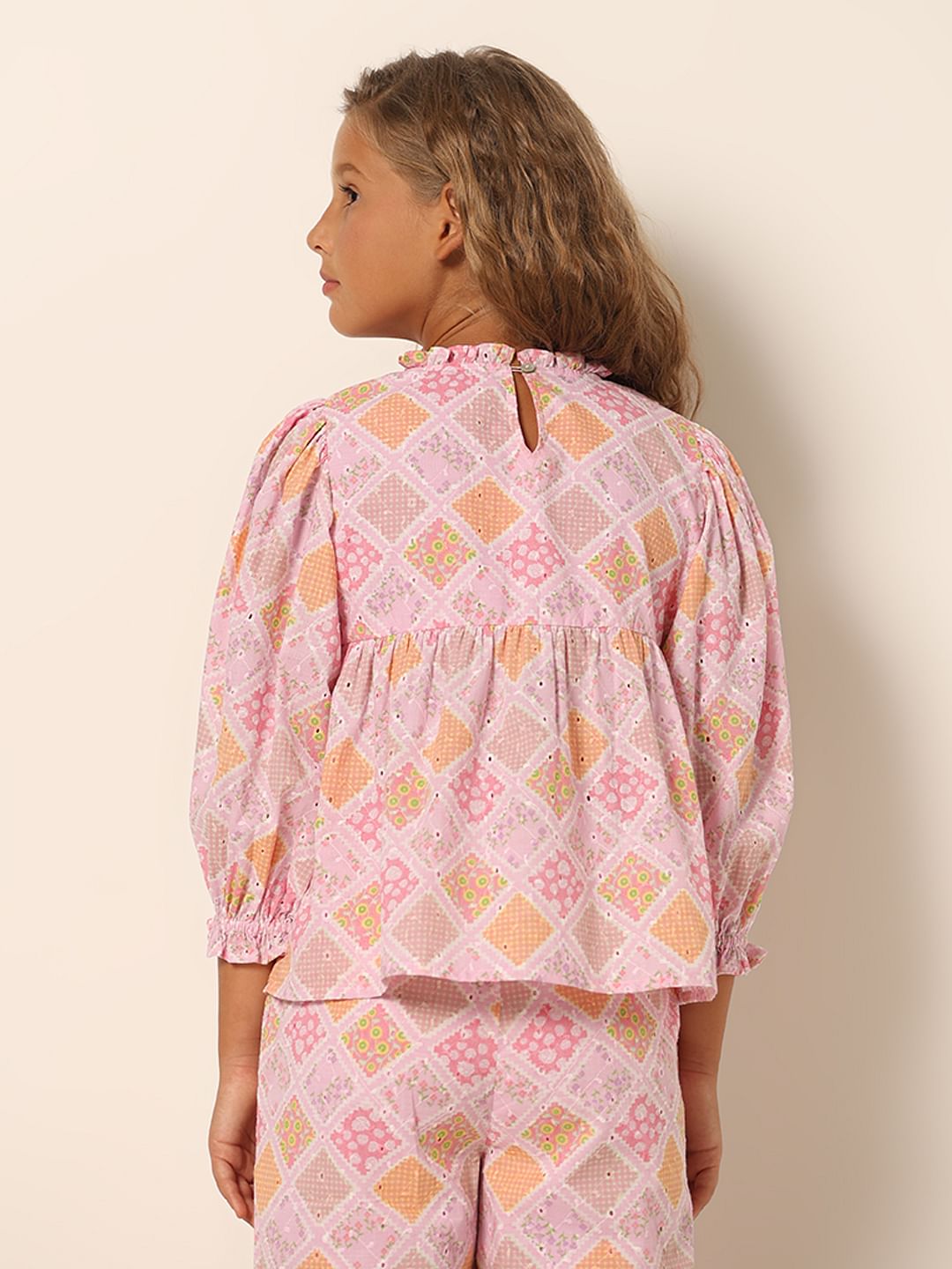 Girls Pink Schiffli Co-Ord Set Top