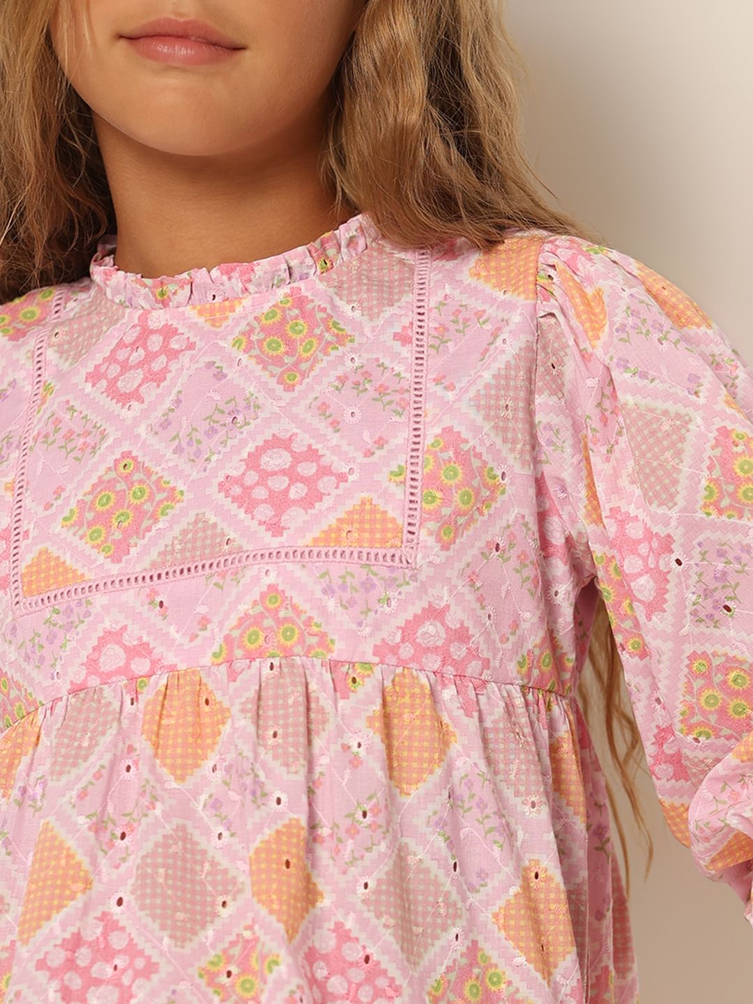 Girls Pink Schiffli Co-Ord Set Top