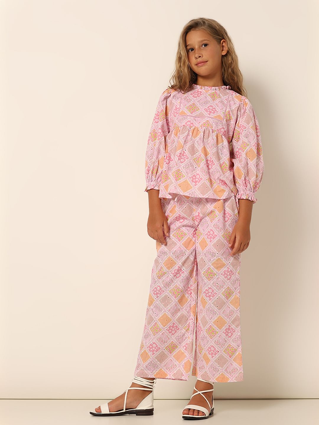 Girls Pink Schiffli Co-Ord Set Top